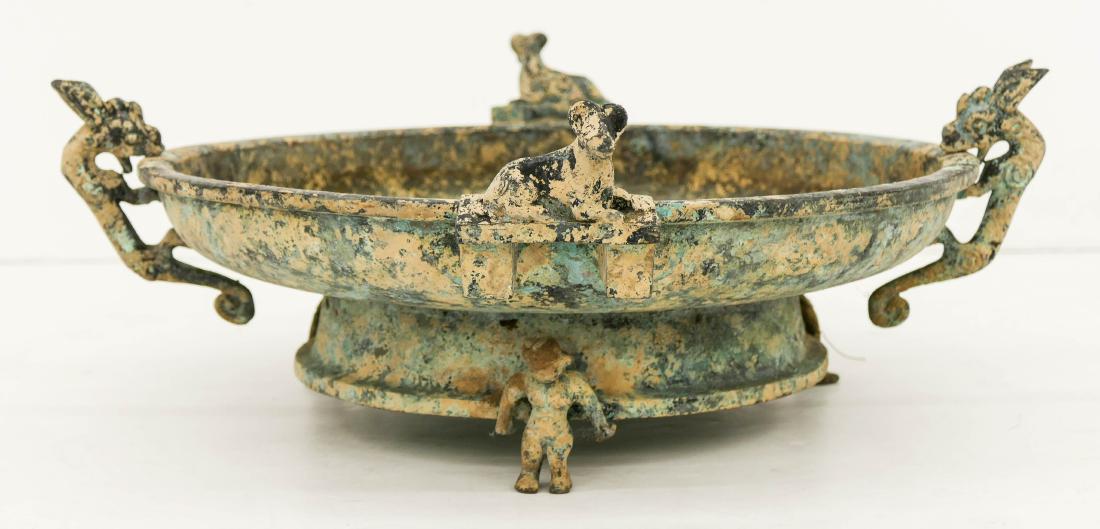 Chinese Archaic Bronze Ritual Bowl or Censer 5''x13''.: Chinese Archaic Bronze Ritual Bowl or Censer 5''x13''. Figural qilin head handles with human form feet. Green verdigris patina. Overall excellent condition. 19th or 20th century, Qing dynasty.