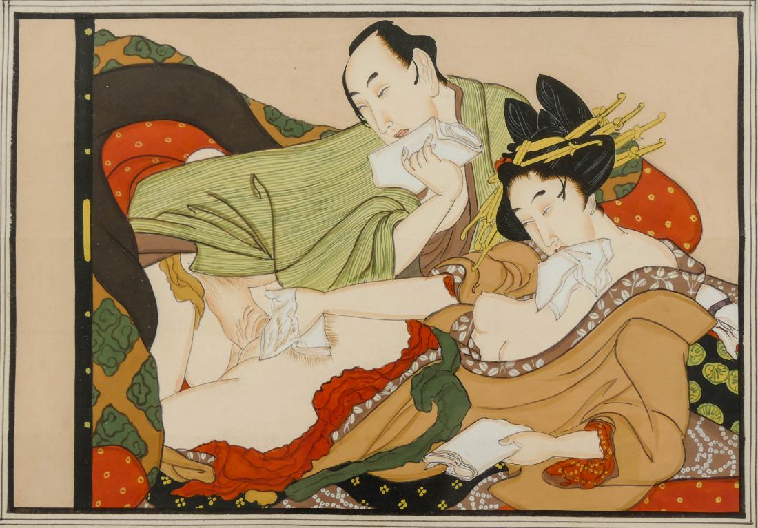 2pc Fine Japanese Shunga Miniature Paintings. Includes: 2pc Fine Japanese Shunga Miniature Paintings. Includes two original ink and gouache on paper paintings 6''x9'' and 4.5''x6.5'' images. Framed 13''x17'' and 13.5''x16''. Unsigned. Excellent condition. 