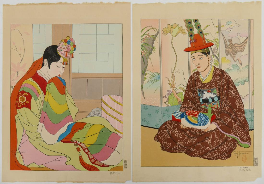 2pc Paul Jacoulet ''Le Marie'' and ''La Mariee'': 2pc Paul Jacoulet ''Le Marie'' and ''La Mariee'' Japanese Woodblock Prints 19''x13.5'' Sheet Each. A near perfect pair of male groom and female bride wedding prints. Pencil signed l.r. and numbered 43
