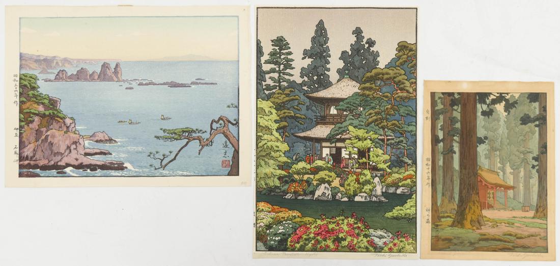 3pc Toshi Yoshida Japanese Woodblock Prints. Includes: 3pc Toshi Yoshida Japanese Woodblock Prints. Includes ''Inozaki Morning'' (unsigned) 11''x15'', ''Silver Pavilion, Kyoto'' (trimmed margins) 15''x9.75'', and ''Sacred Grove'' (toned) 10.75''x8''. All