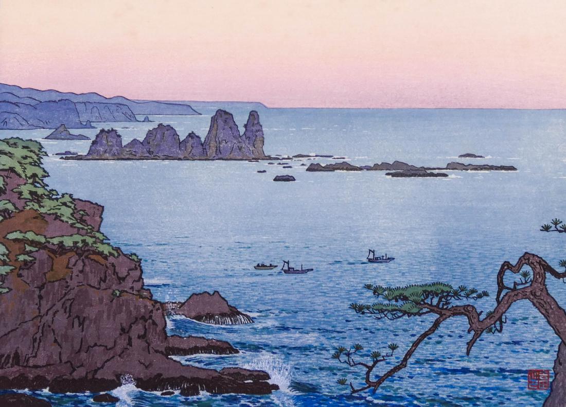 Toshi Yoshida ''Inozaki Morning'' Japanese Woodblock: Toshi Yoshida ''Inozaki Morning'' Japanese Woodblock Print 11''x15'' Sheet. Oban size. Pencil signed with printed title lower margin. Framed 17''x22''. Excellent condition with strong colors.