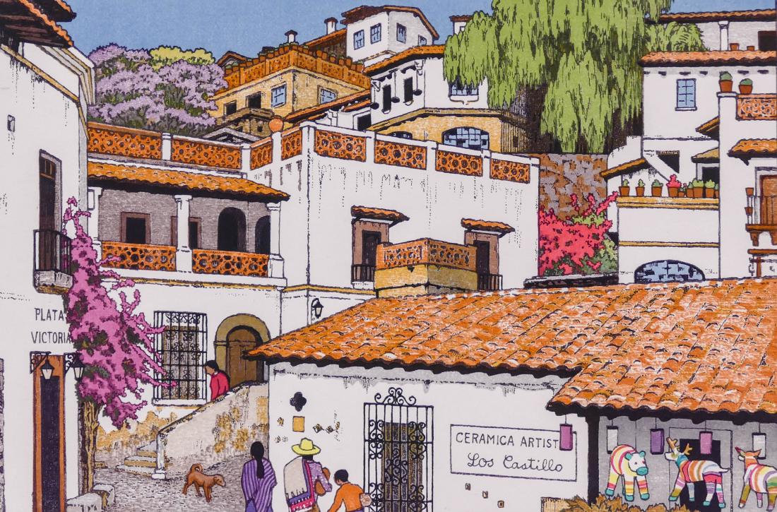Toshi Yoshida ''Taxco, Mexico'' Japanese Woodblock: Toshi Yoshida ''Taxco, Mexico'' Japanese Woodblock Print 11''x16'' Sheet. Oban size. Pencil signed with printed signature lower margin. Framed 17''x22''. Excellent condition with strong colors.