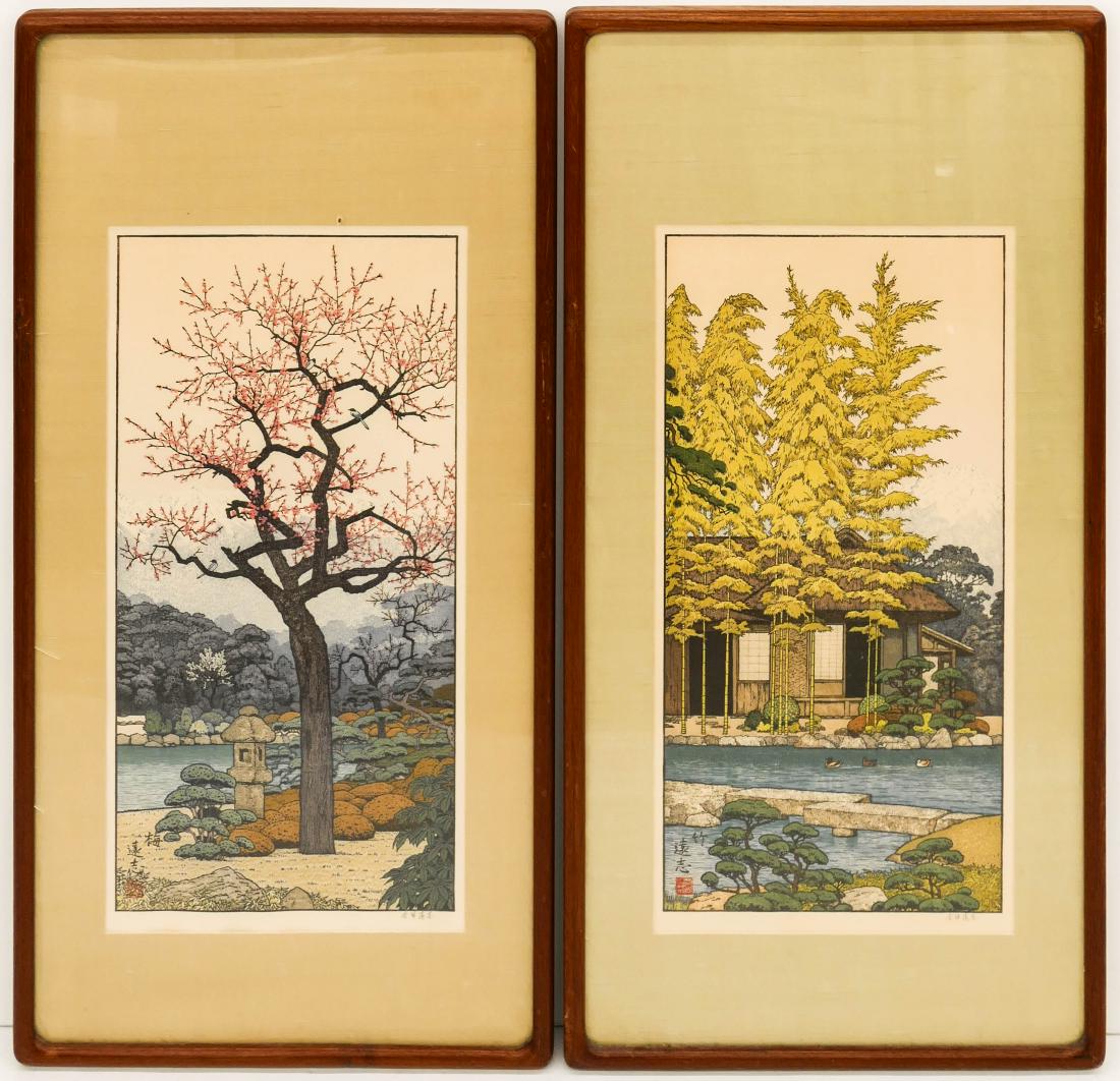 2pc Toshi Yoshida ''Friendly Garden'' Japanese: 2pc Toshi Yoshida ''Friendly Garden'' Japanese Woodblock Prints 20.5''x10.5'' Sight Each. Pencil signed in Kanji lower margin with original labels on verso. Framed 31''x16'' each. Excellent condition