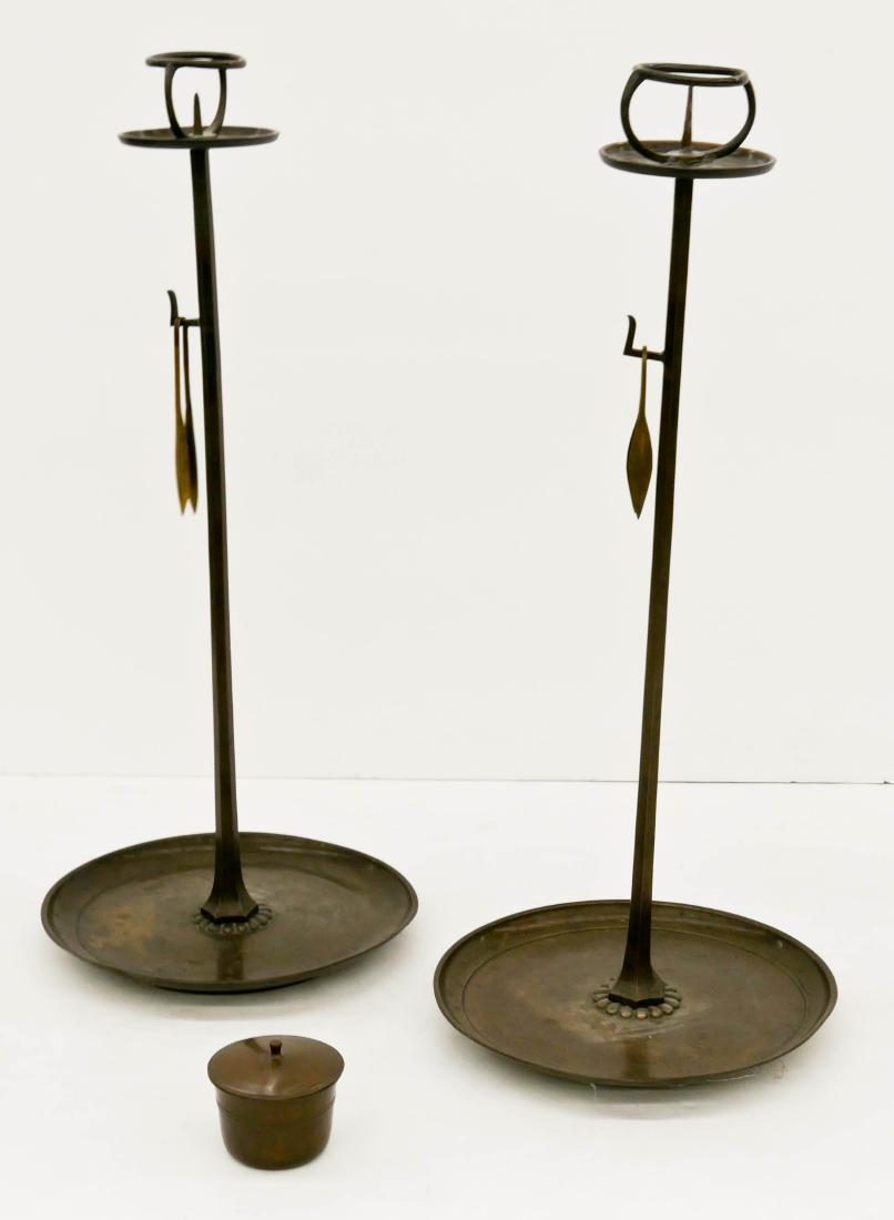 Pair Meiji Japanese Bronze Candle Stands 29''x12.5'': Pair Meiji Japanese Bronze Candle Stands 29''x12.5'' Each. An early pair of bronze floor pricket candle stands. Overall excellent condition with tongs and covered jar. 19th century, Edo or Meiji perio