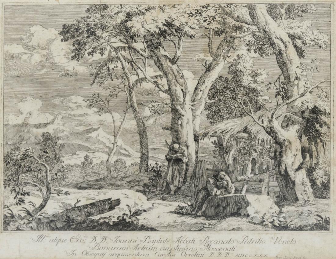 Marco Ricci 18th Cent. Italian Etching 9.75''x13.75'': Marco Ricci 18th Cent. Italian Etching 9.75''x13.75'' Impression. Titled, ''D.D. Joanni Baptiste Abbati Recanato Patritio Veneto . . .'' and dated 1730 in roman numerals. Framed 19''x23''. Some scatte