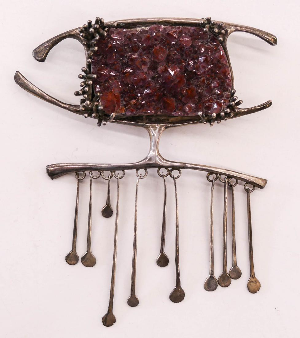 Modernist Amethyst Druzy Quartz Sterling Dangle Brooch: Modernist Amethyst Druzy Quartz Sterling Dangle Brooch by John M. Morgan of Ellensburg, Washington. Brutalist organic large brooch 5''x4'' with (11) silver dangles. It contains an amethyst druzy with