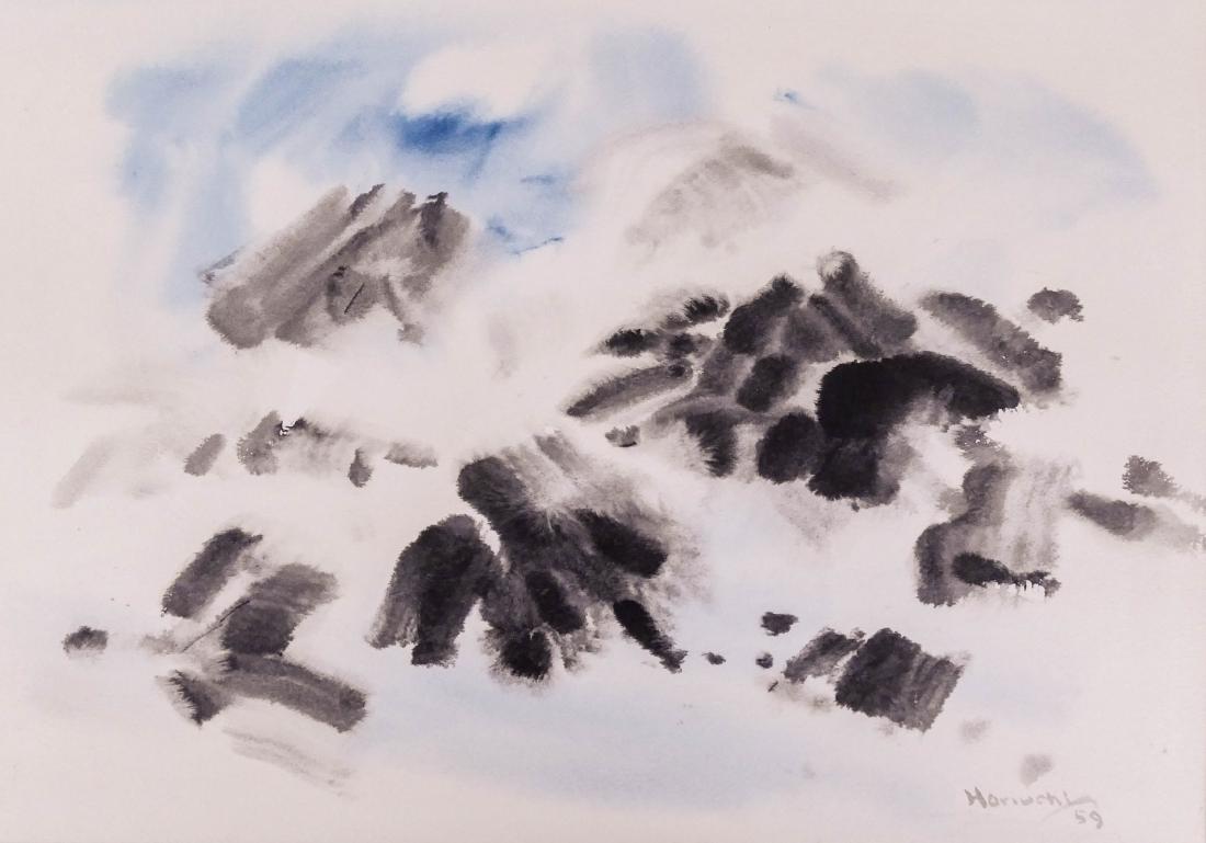 Paul Horiuchi (1906-1999 Washington) ''Mountain Drift'': Paul Horiuchi (1906-1999 Washington) ''Mountain Drift'' 1959 Watercolor on Paper 15''x21.5'' Sight. An unusual mountain abstract by this Japanese master. Signed l.r. with Foster/White Gallery, Seattle