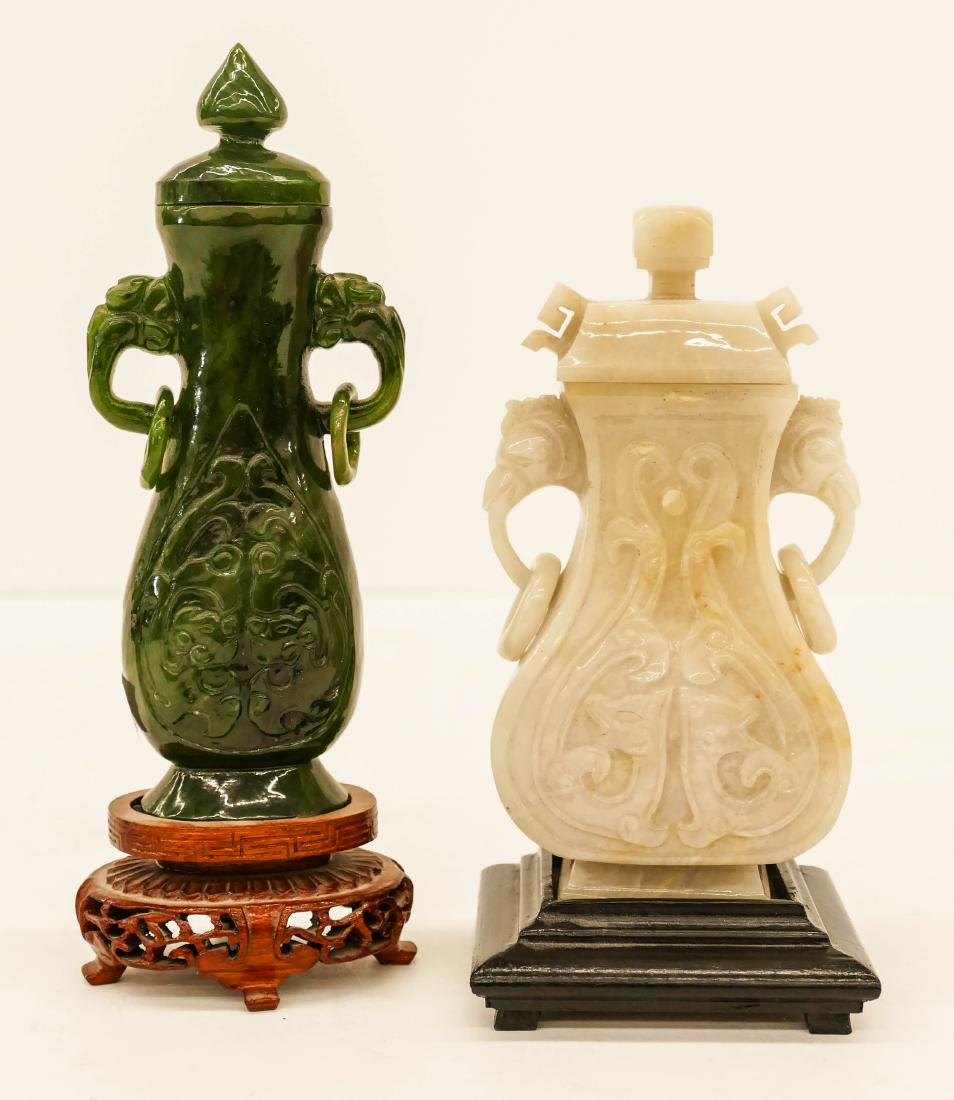 2pc Chinese Jade Covered Vases on Stands.