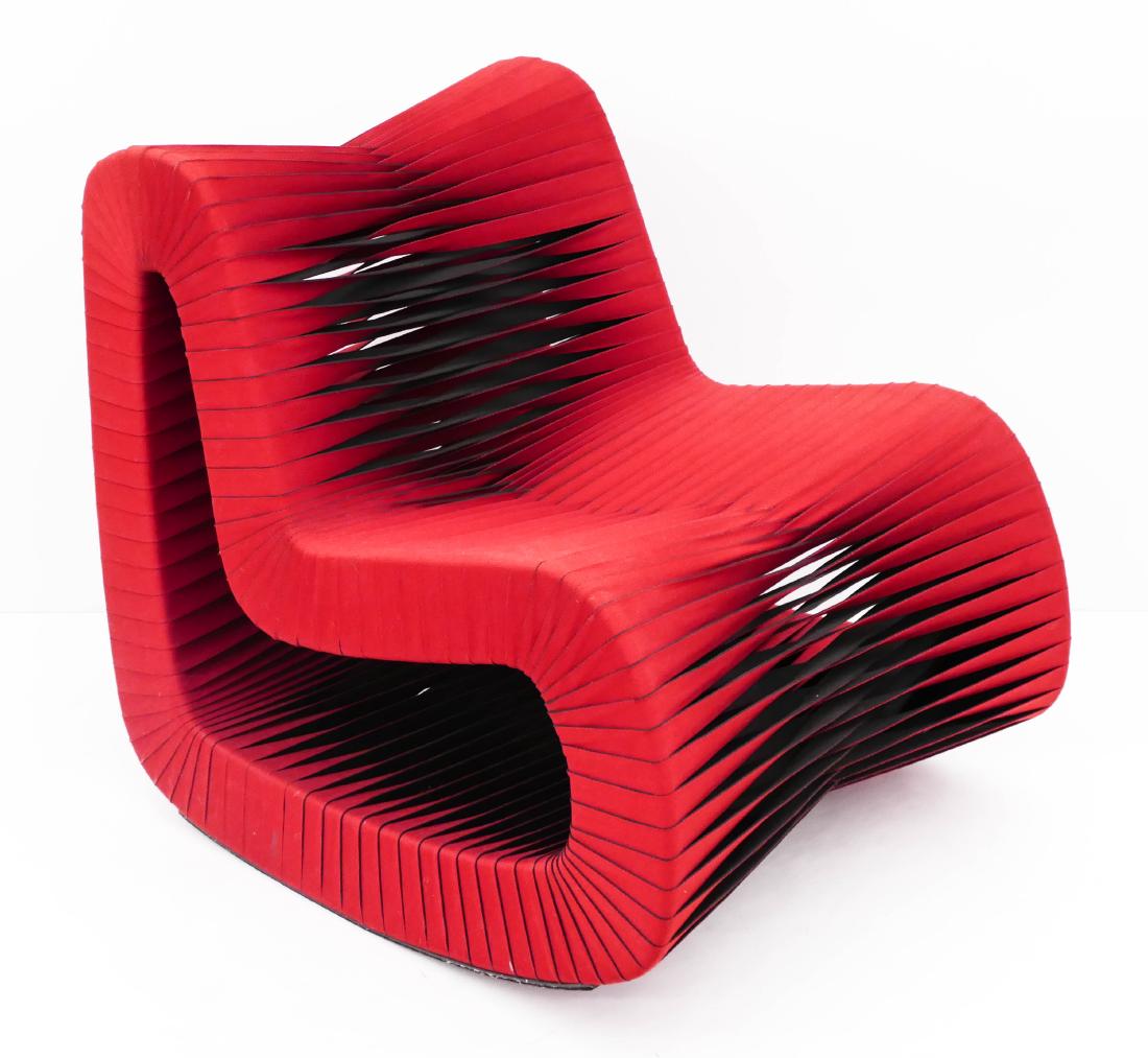 Nuttapong Charoenkitivarakorn Seat Belt Rocking Chair: Nuttapong Charoenkitivarakorn Seat Belt Rocking Chair 31''x30''x35''. A contemporary red seatbelt rocking chair designed by Thai designer, Nuttapong Charoenkitivarakorn for the Phillips Collection. Un