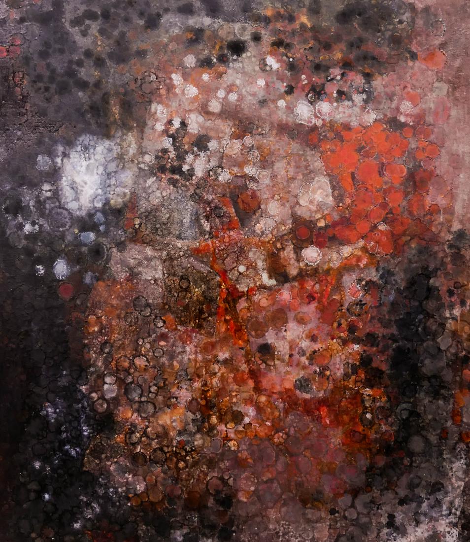 Kathleen Gemberling Adkison (1917-2010 Washington): Kathleen Gemberling Adkison (1917-2010 Washington) ''Earth Glow'' Oil on Canvas 46''x40'' Image. A stark red oil drop organic abstraction. Signed l.r. and titled on verso. Woodside Gallery, Seattle la