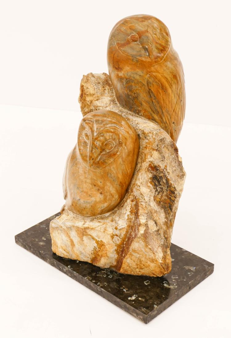 Tony Angell (b.1940 Washington) ''Owls'' Carved Stone: Tony Angell (b.1940 Washington) ''Owls'' Carved Stone Sculpture 18.5''x14''x10.5''. Exceptional carved stone sculpture of two owls perched on rock. Signed on verso near base. Overall excellent conditi