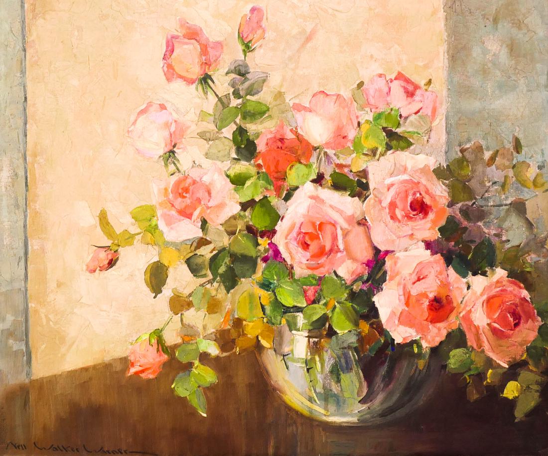 Nell Walker Warner (1891-1970 American) Pink Roses Oil: Nell Walker Warner (1891-1970 American) Pink Roses Oil on Canvas 20''x24'' Image. An impressionist still life of pink rose flowers in a vase. Signed l.l. Original gilt carved framing 26''x30''. Excell