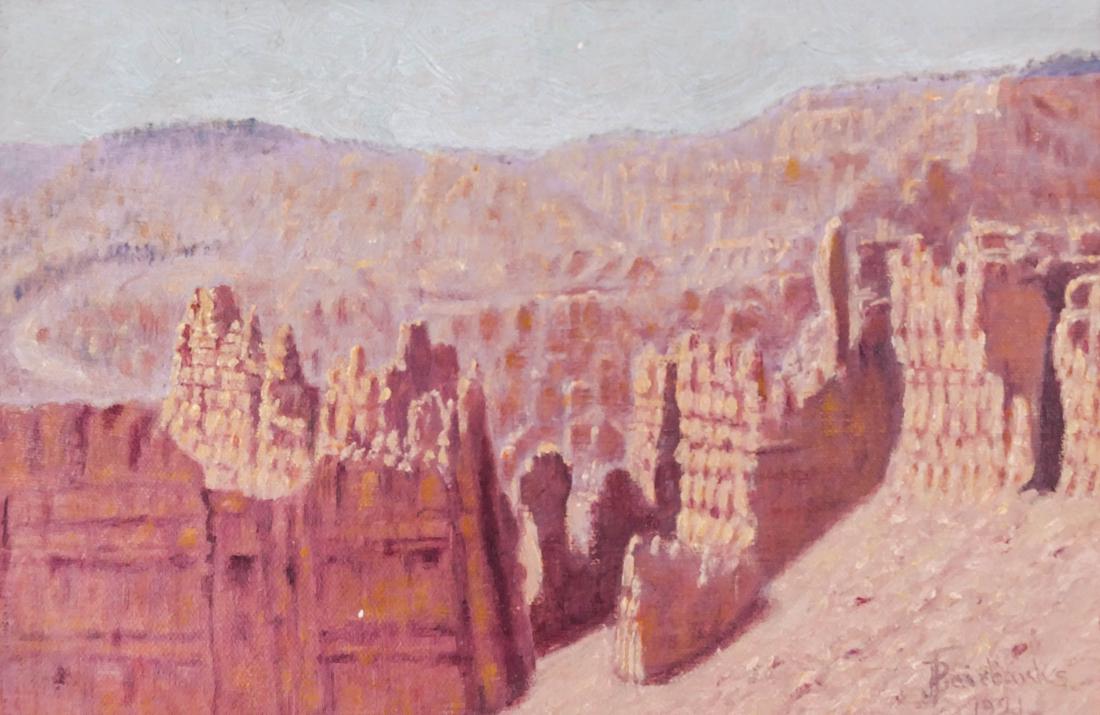 Avard Fairbanks (1897-1987 Utah) ''The Temple of the: Avard Fairbanks (1897-1987 Utah) ''The Temple of the Gods, Bryce Canyon'' 1921 Oil on Board 8''x12'' Image. Signed and dated l.r. with inscription on verso. Original framing 11.5''x15.5''. Overall exc
