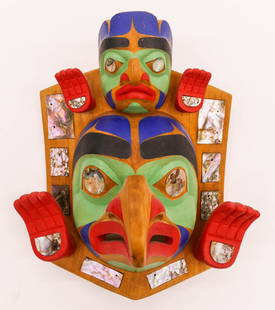 Beau Dick (1955-2017 Kwakiutl) Haida Frontlet 1982: Beau Dick (1955-2017 Kwakiutl) Haida Frontlet 1982 Alder 9''x7.5''x4.5''. Exceptional carved and painted thunderbird frontlet with abalone shell inlay. Signed and dated on verso. Overall excellent con