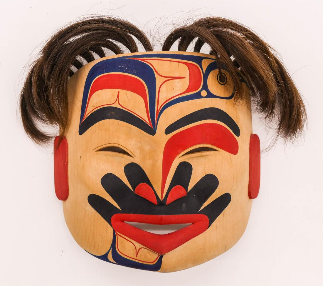 Joe David (b.1946 Nuu-chah-nulth) Tsimshian Shaman's: Joe David (b.1946 Nuu-chah-nulth) Tsimshian Shaman's Mask 1984 Alder 7''x7''x2.5''. A carved and painted native miniature mask. Signed and dated on verso. Overall excellent condition.