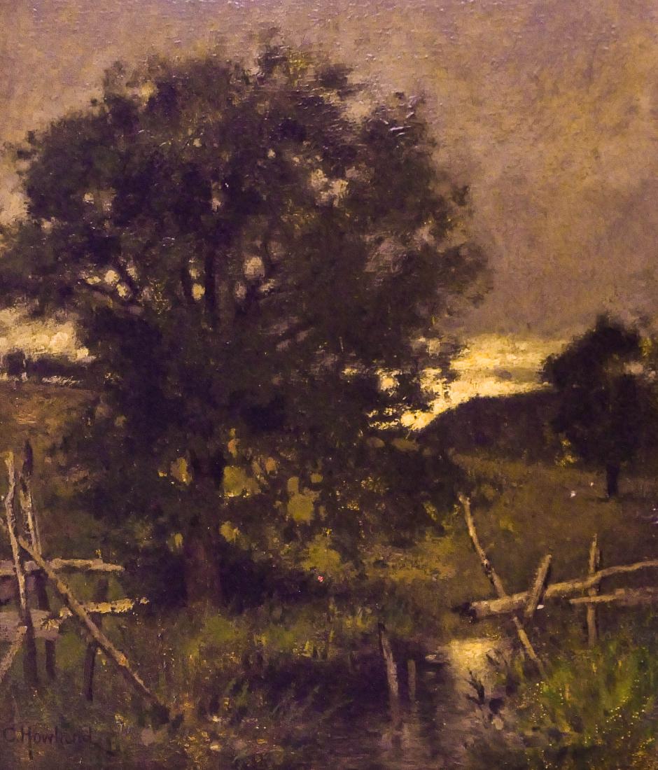 Alfred Howland (1838-1909 American) ''Close of a Rainy: Alfred Howland (1838-1909 American) ''Close of a Rainy Day'' Oil on Board 12''x10'' Image. An impressionist landscape after sunset. Signed l.l. and titled on verso. Original gilt carved framing 19''x1