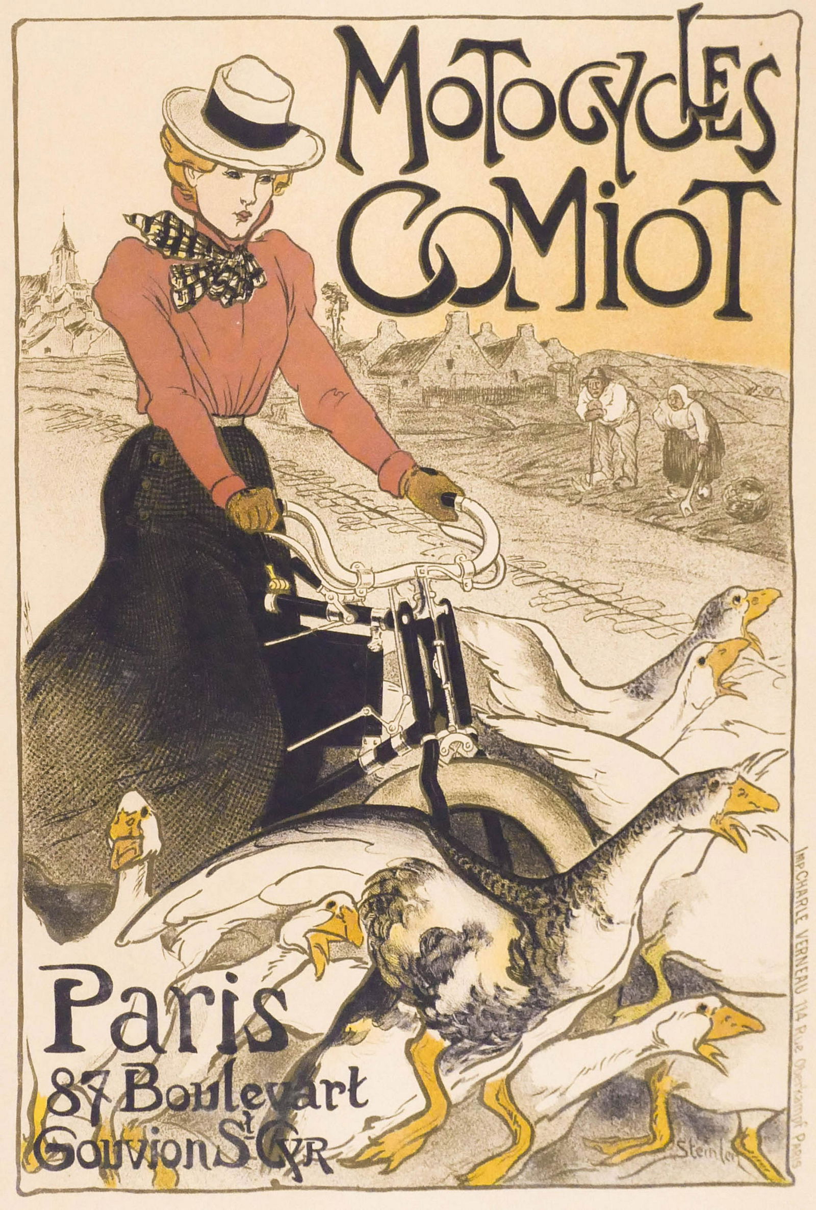 Antique Motocycles Comiot Paris Lithograph 13''x9'': Antique Motocycles Comiot Paris Lithograph 13''x9'' Sight. An original 1899 lithograph by Theophile Alexandre Steinlen from the ''Les Maitres de l'Affiche'' folio from the Belle Epoque. Blind stamp lo