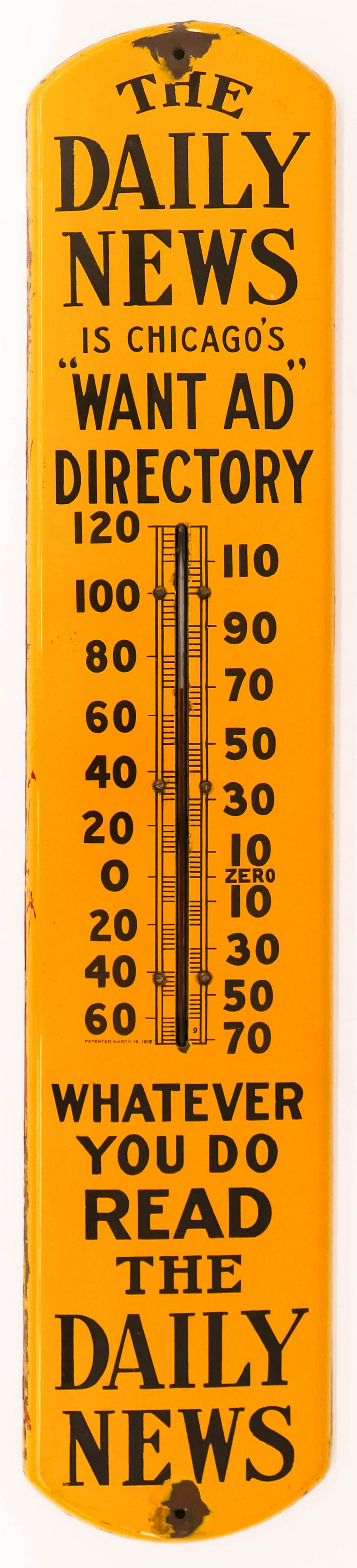 Antique The Chicago Daily News Porcelain Thermometer: Antique The Chicago Daily News Porcelain Thermometer 39''x8''. Some scattered chipping to mounts. Also some edge wear from age. Overall strong colors.