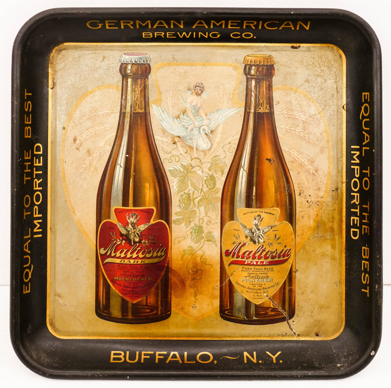 Antique German American Brewing Co. Tin Beer Tray: Antique German American Brewing Co. Tin Beer Tray 13.25''x13.25''. It depicts two bottles of their Maltosia Dark and Pale Ales. Pre-prohibition tray with a few scattered surface scratches. Overall goo