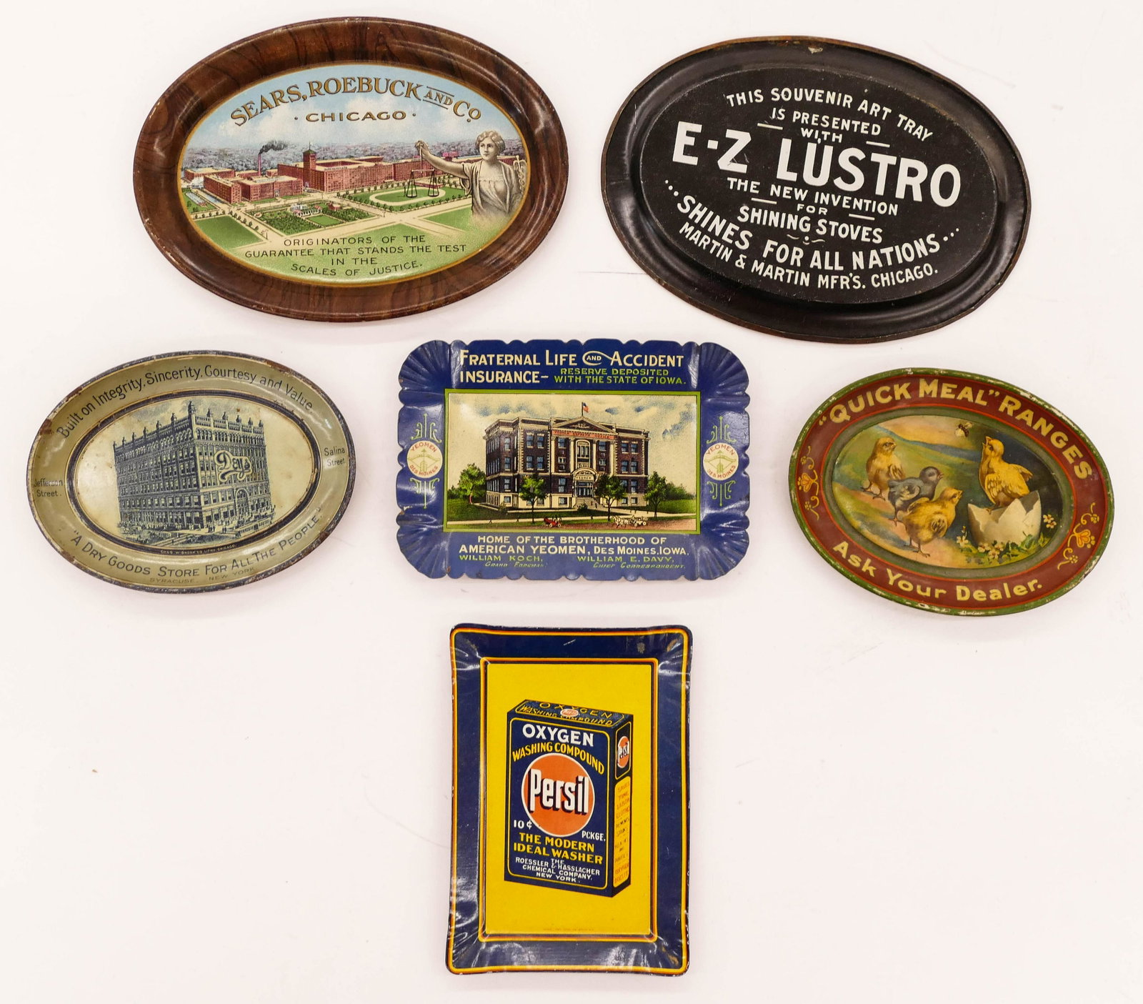 6pc Antique Horizontal Tin Advertising Tip Trays. Sizes: 6pc Antique Horizontal Tin Advertising Tip Trays. Sizes range from 4.25''x6'' and 3.25''x4.5''. Includes E-Z Lustro for Shining Stoves, Sears Roebuck and Co., Brotherhood of American Yeomen Life and A