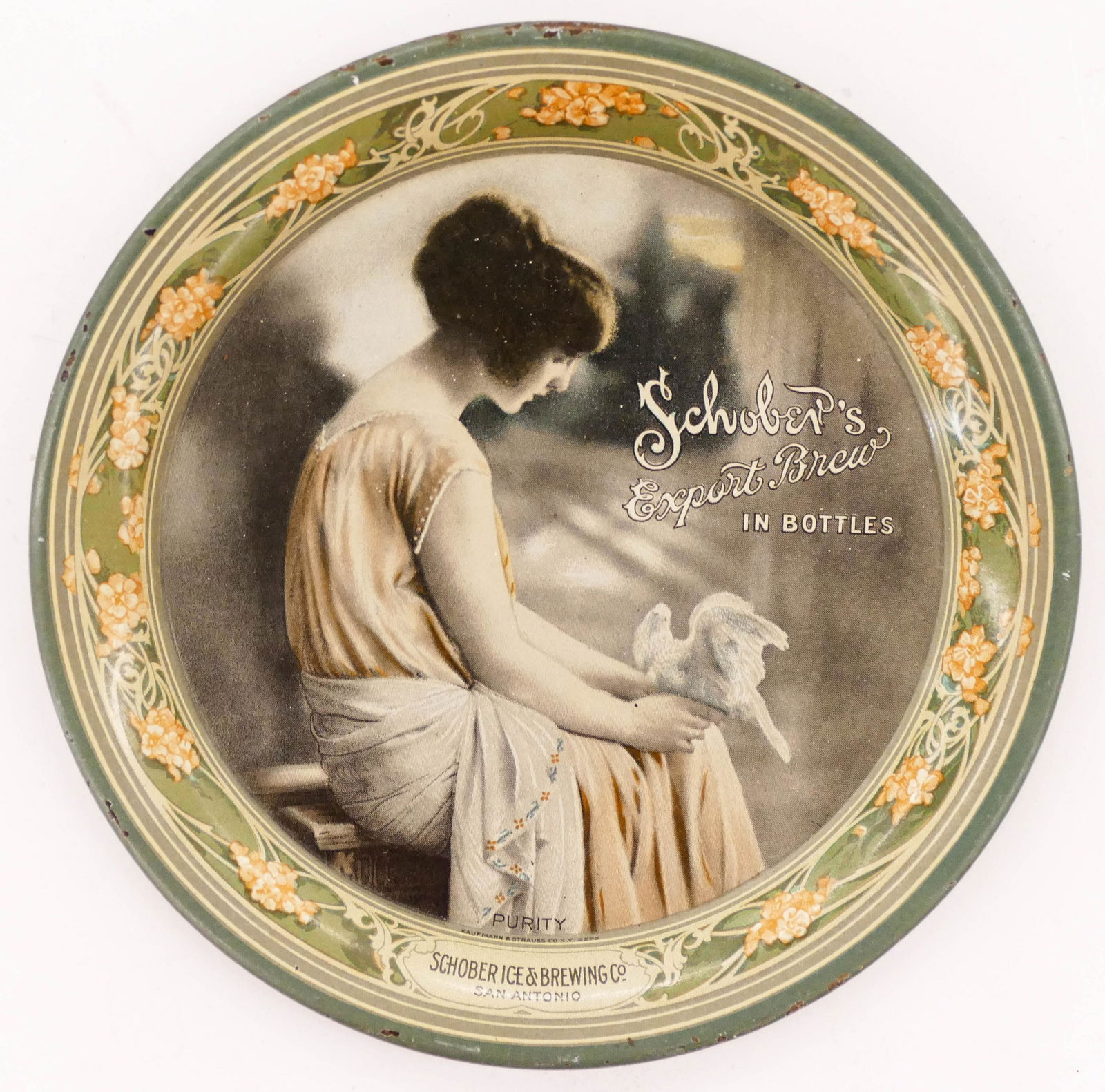 Antique Shober Ice & Brewing Co. Tin Advertising Tip: Antique Shober Ice & Brewing Co. Tin Advertising Tip Tray 5''. It reads, ''Schober's Export Brew in Bottles'' and depicts Purity a woman with dove. Overall excellent condition. Pre-Prohibition beer tr