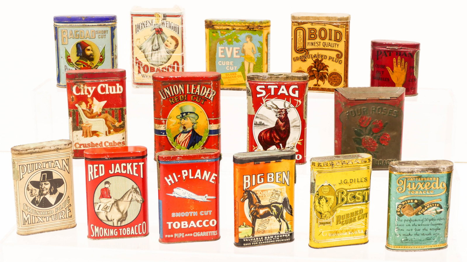 15pc Antique Tobacco Pocket Tins. Includes brands Eve: 15pc Antique Tobacco Pocket Tins. Includes brands Eve Cube Cut, Honest Weight Tobacco, Pat Hand, Big Ben, Bagdad, Hi-Plane, Red Jacket, City Club, Union Leader Redi Cut Uncle Sam, Stag, Tuxedo, Purita