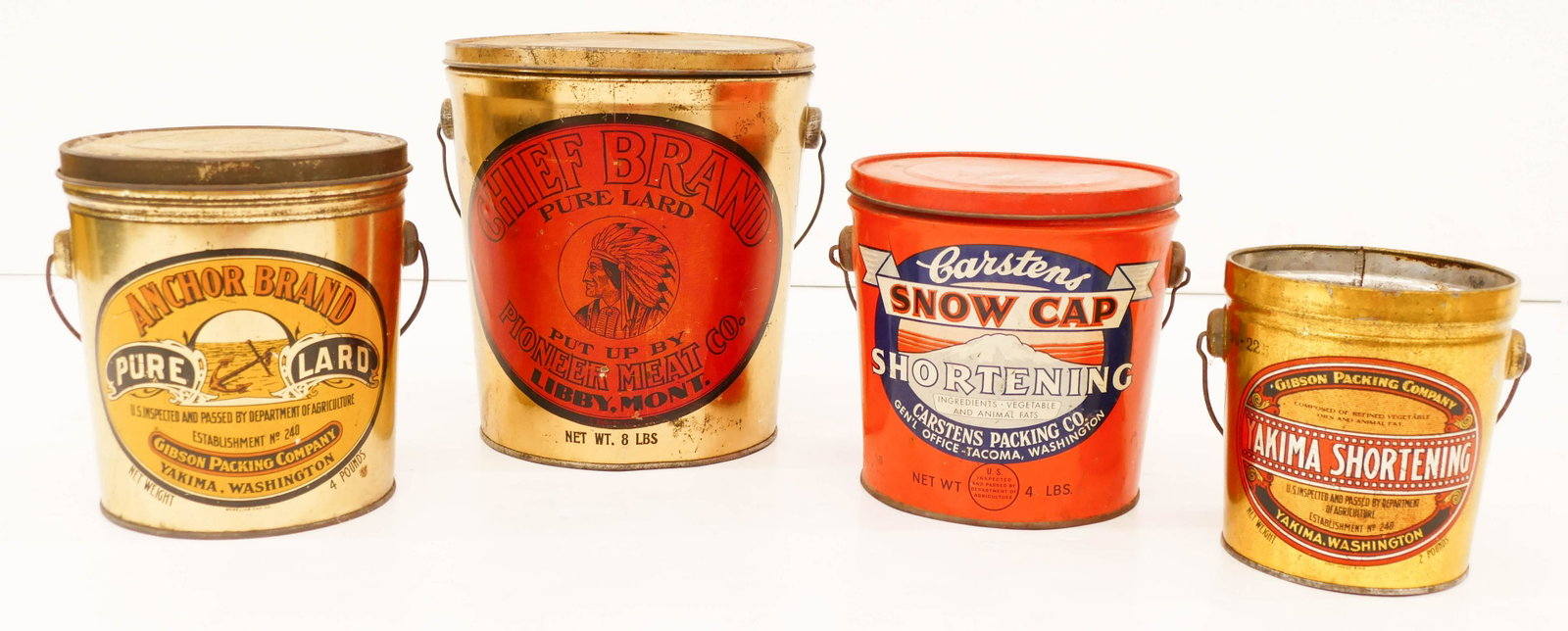 4pc Antique Lard & Shortening Advertising Pail Tins.: 4pc Antique Lard & Shortening Advertising Pail Tins. Includes a Chief Brand Pure Lard Pioneer Meat Co. Libby Montana, Anchor Brand Gibson Packing Company Yakima Washington, Carstens Snow Cap Shortenin