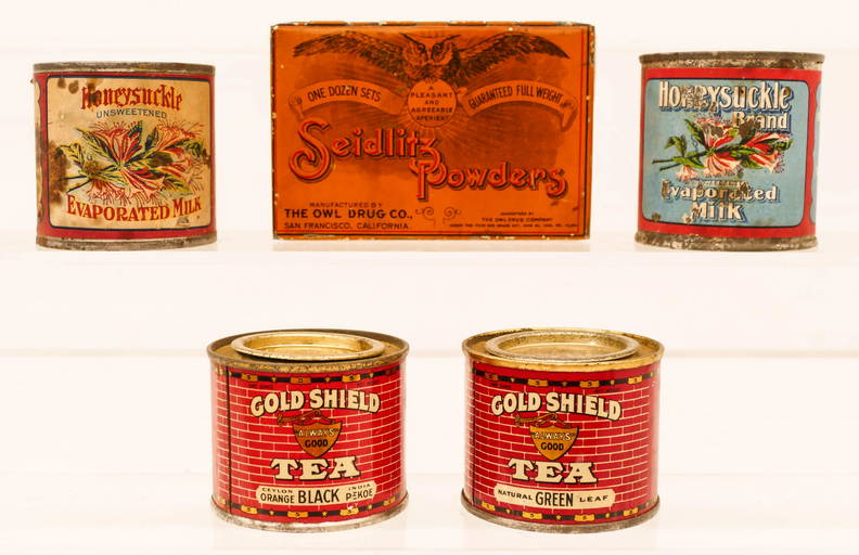 5pc Antique Evaporated Milk & Tea Advertising Tins.