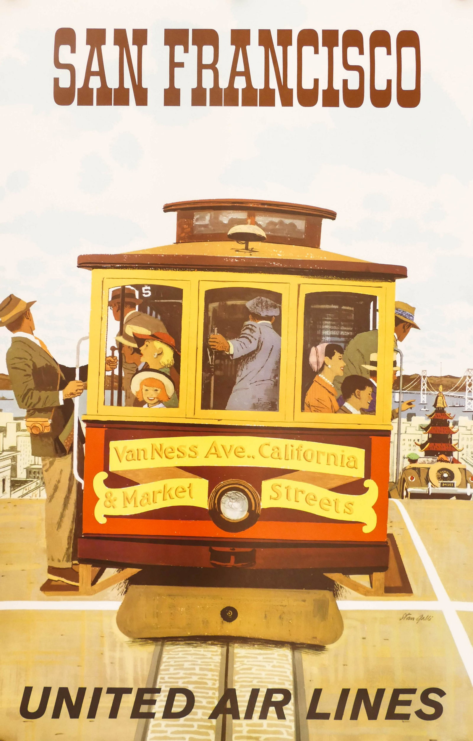 4pc Vintage United Air Lines San Francisco Street Car: 4pc Vintage United Air Lines San Francisco Street Car Travel Posters by Stan Galli 40''x25'' Each. Excellent Condition with strong colors. Found stored rolled.