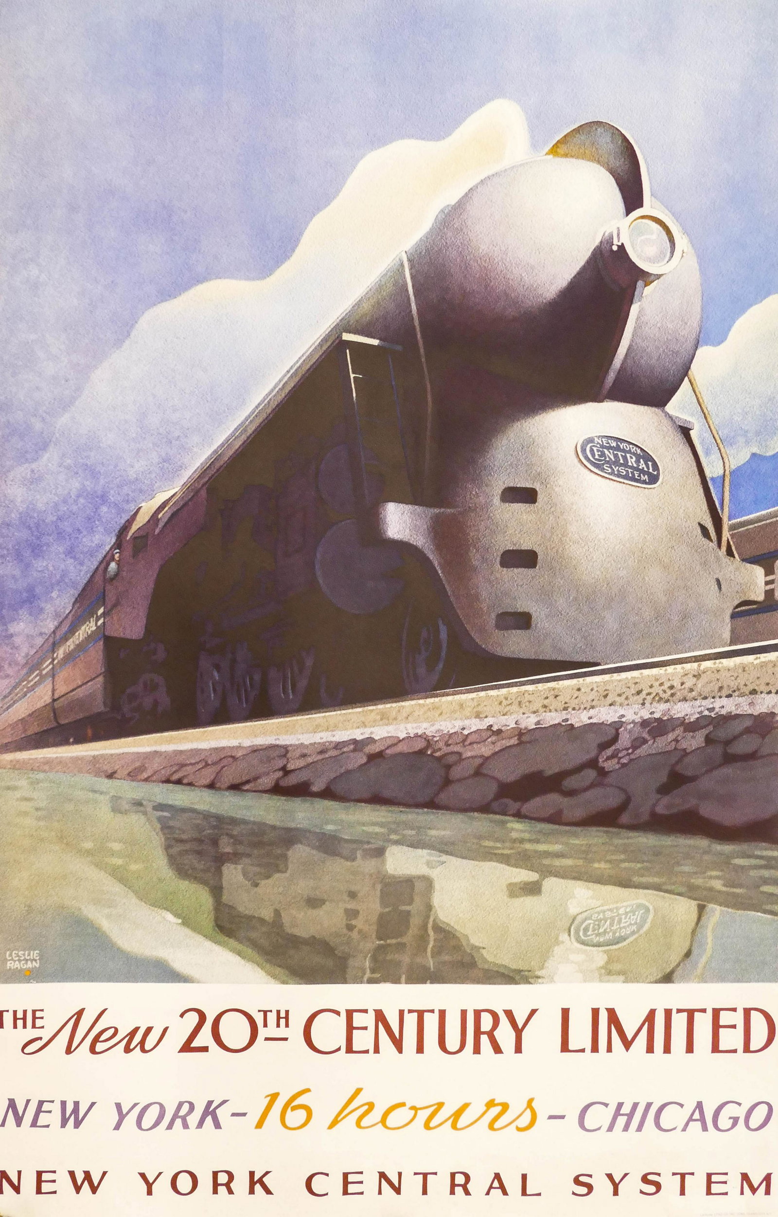 Vintage New York Central Railroad New 20th Century: Vintage New York Central Railroad New 20th Century Limited Travel Poster by Leslie Ragan 41''x27''. A scarce original poster. Irregularly cut right edge with scattered damage to margin. Tear to top ed