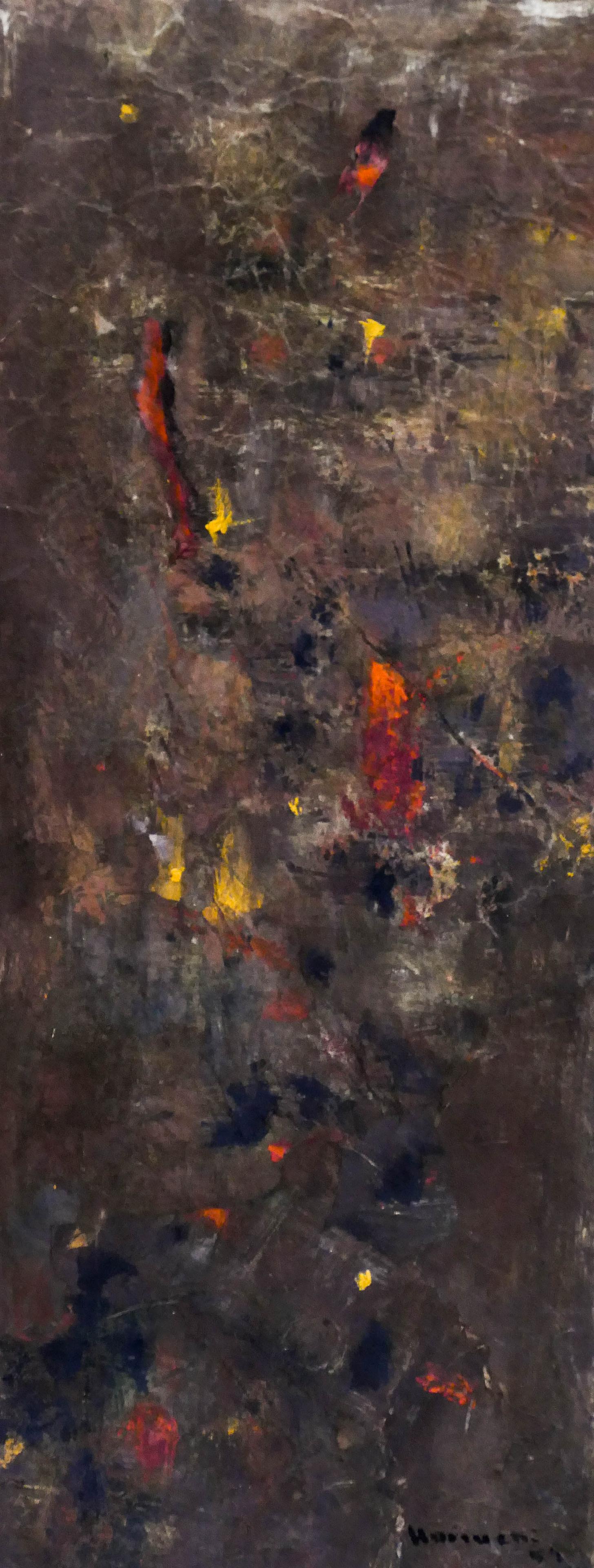 Paul Horiuchi (1906-1999 Washington) ''Autumn Dawn'': Paul Horiuchi (1906-1999 Washington) ''Autumn Dawn'' 1957 Casein Collage on Board 37.75''x9.25'' Image. A scarce early work with red and black falling forms. Signed and dated l.r. with Foster/White Ga