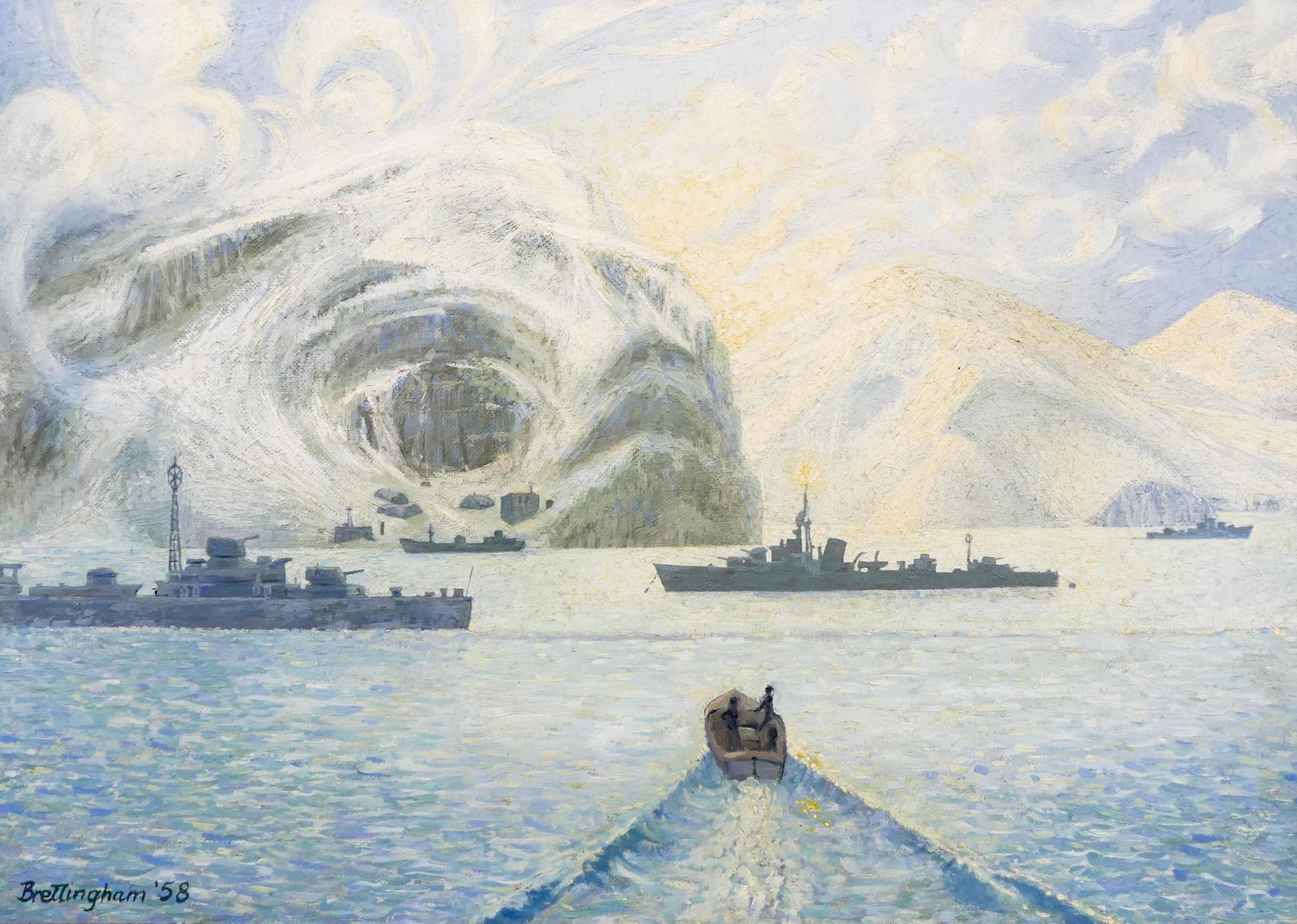 Walter Brettingham (b.1924 British) ''The Storm'' 1958: Walter Brettingham (b.1924 British) ''The Storm'' 1958 Oil on Board 22.5''x32'' Image. A modernist naval scene with military ships and an approaching storm. Signed and dated l.l. Original framing 25''