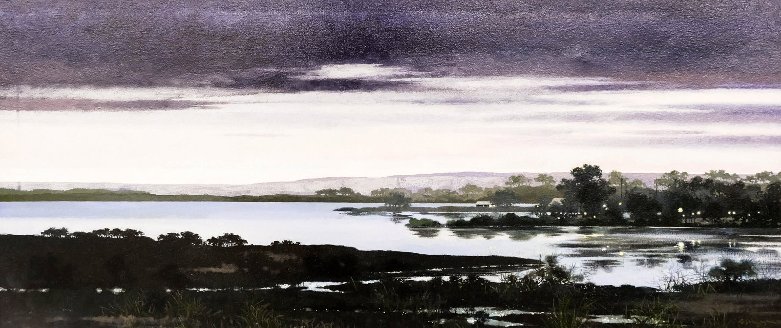 Sueo Miyagawa (20th Cent. American) Lake Scene 1987 Oil: Sueo Miyagawa (20th Cent. American) Lake Scene 1987 Oil on Canvas 22''x50'' Image. A panoramic sunset lake scene. Signed and dated l.r. Framed 22.75''x50.75''. Excellent condition.