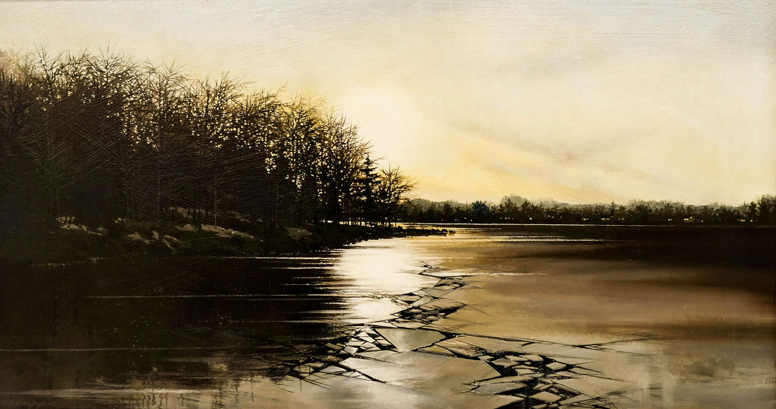 Sueo Miyagawa (20th Cent. American) Winter Lake Scene: Sueo Miyagawa (20th Cent. American) Winter Lake Scene 1986 Oil on Canvas 20''x36'' Image. A panoramic winter lake scene with cracked ice. Signed and dated l.l. Framed 20.75''x36.75''. Excellent condit