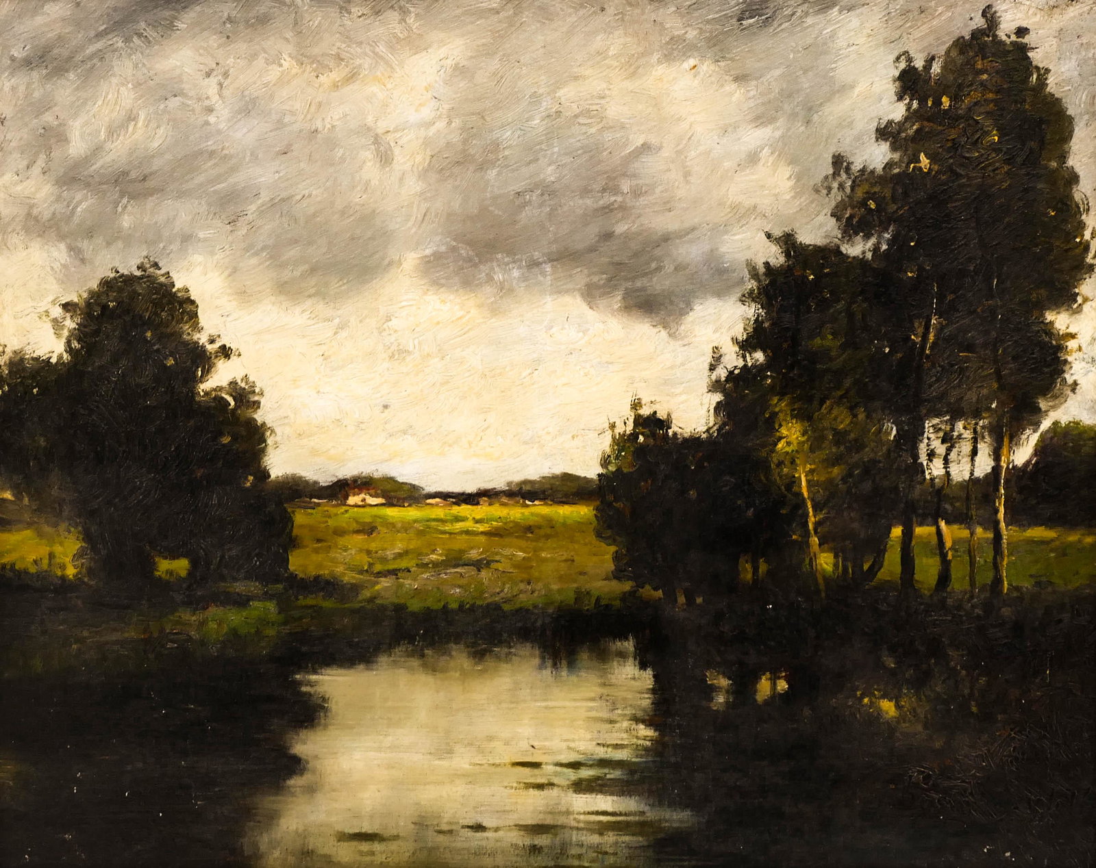 Gustav Wolff (1863-1935 American) Marsh Scene Oil on: Gustav Wolff (1863-1935 American) Marsh Scene Oil on Masonite 16.75''x20'' Image. A dark overcast landscape with marsh and far off homestead. Signed l.r. Gilt carved period framing 22''x25''. Overall 