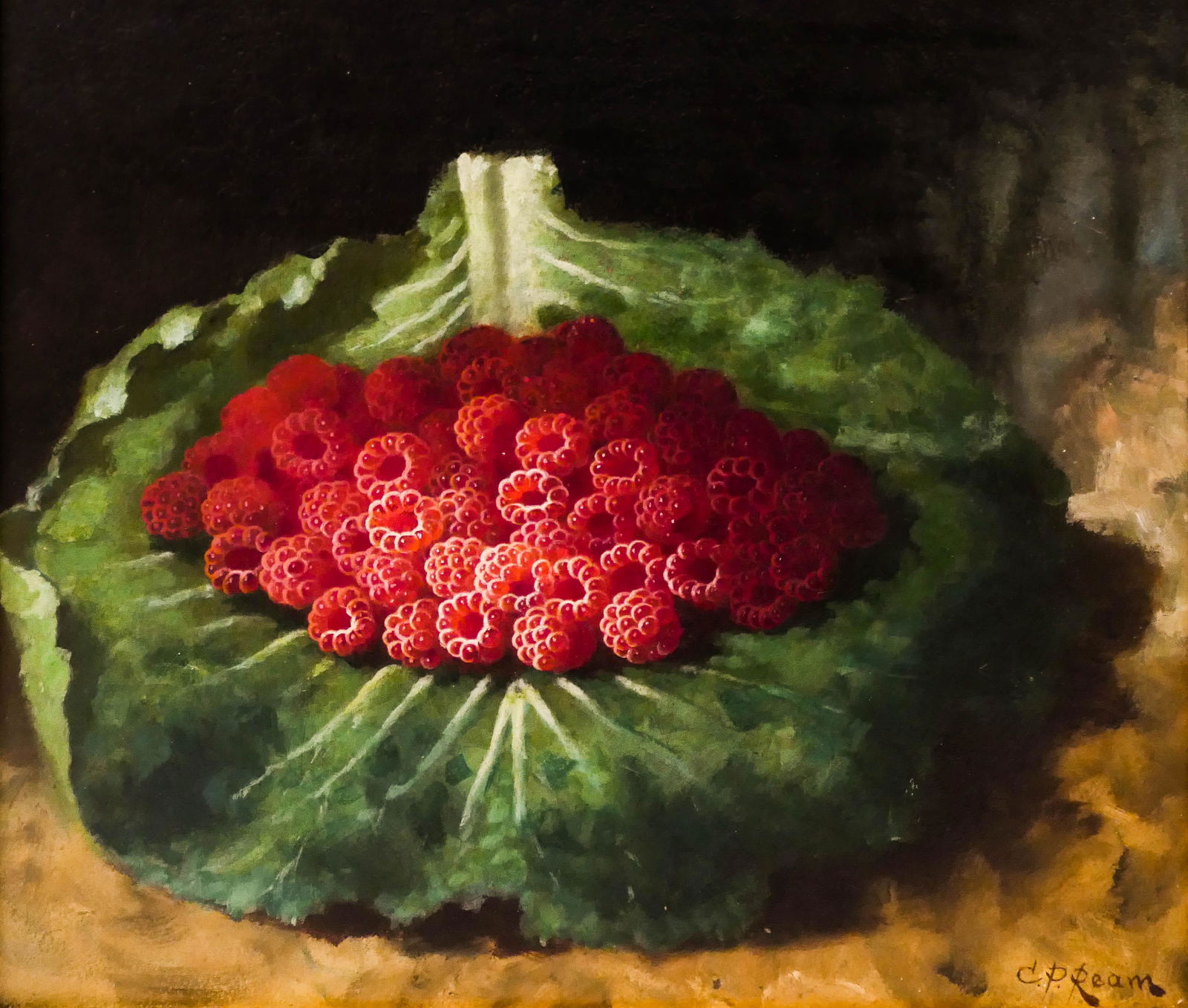 Carducius Ream (1837-1917 American) Raspberries on: Carducius Ream (1837-1917 American) Raspberries on Cabbage Leaf Oil on Board 11.75''x13.75'' Image. An unusual still life composition with a pool of raspberries. Signed l.r. Ornate gilt framing 21''x2