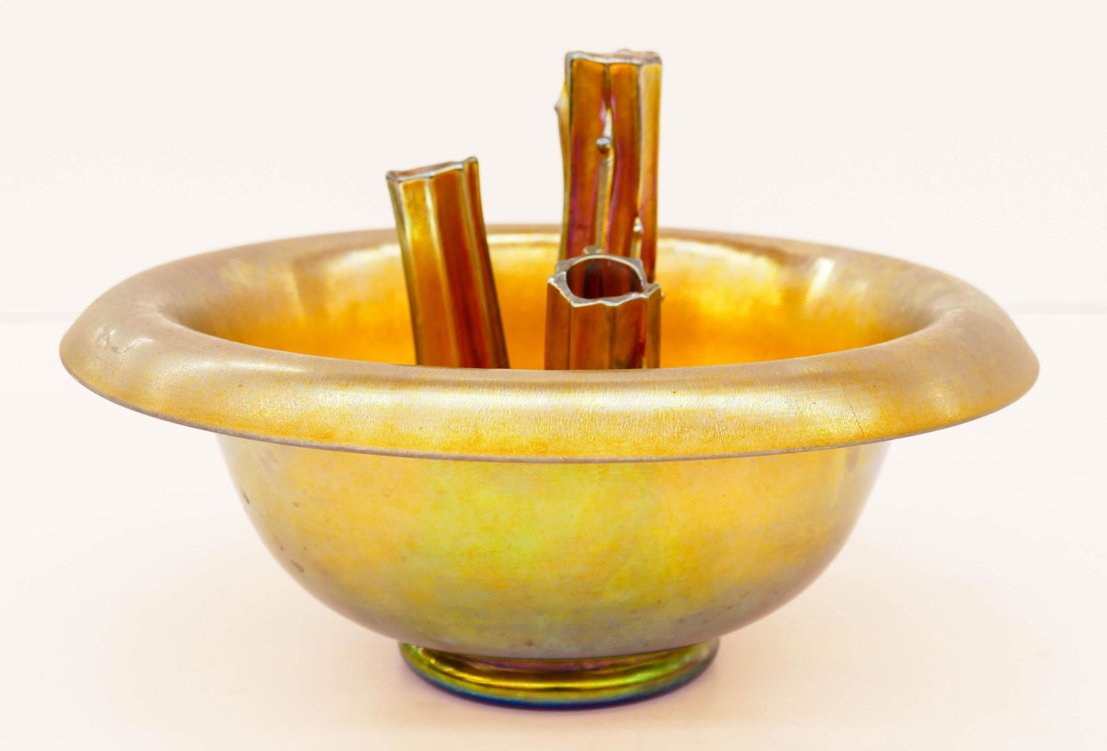 2pc Steuben Aurene Glass Bowl & Stump Vase. Includes a (1 of 2)