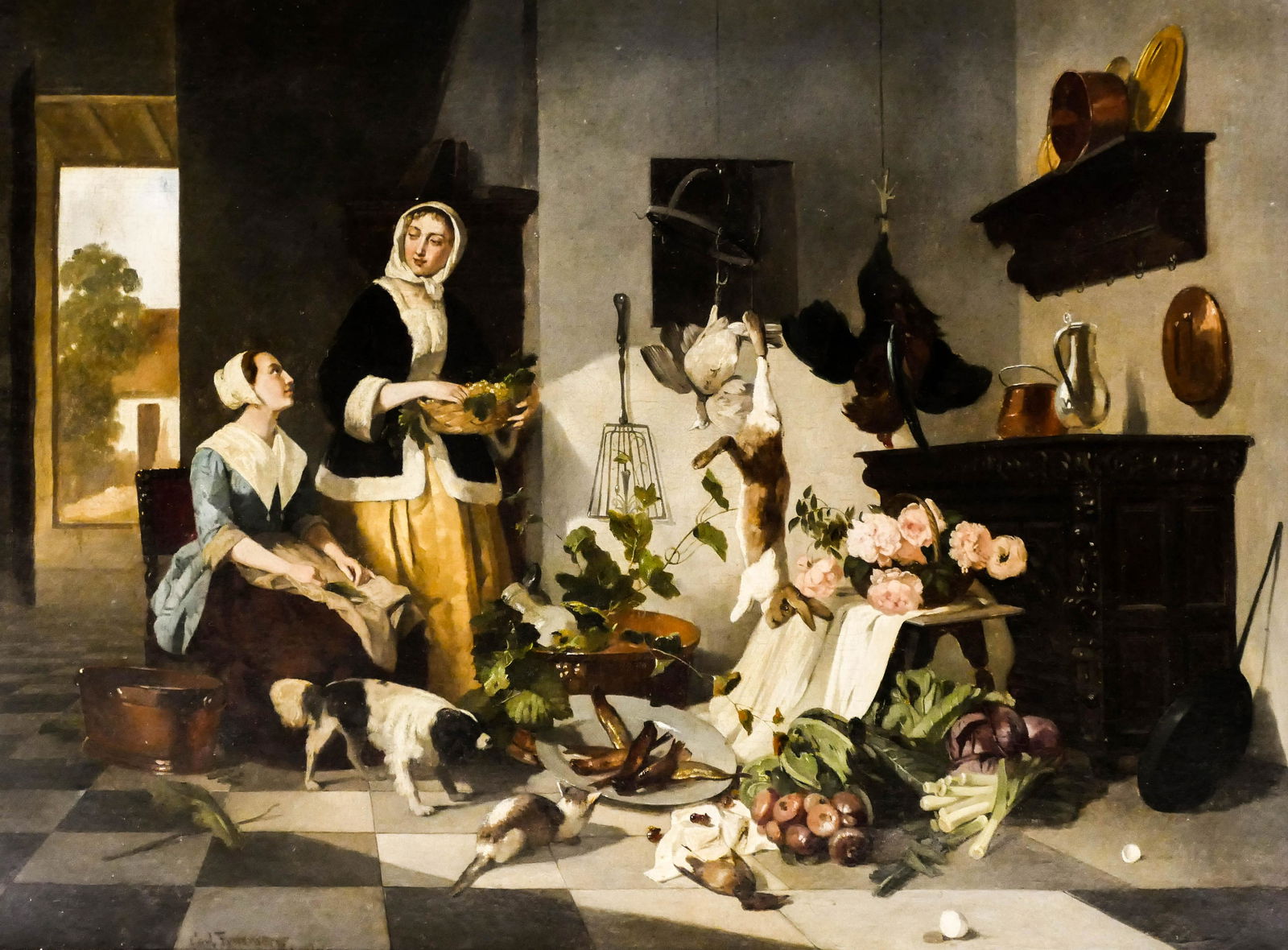 Antique European Interior Genre Scene Large Oil on (1 of 5)