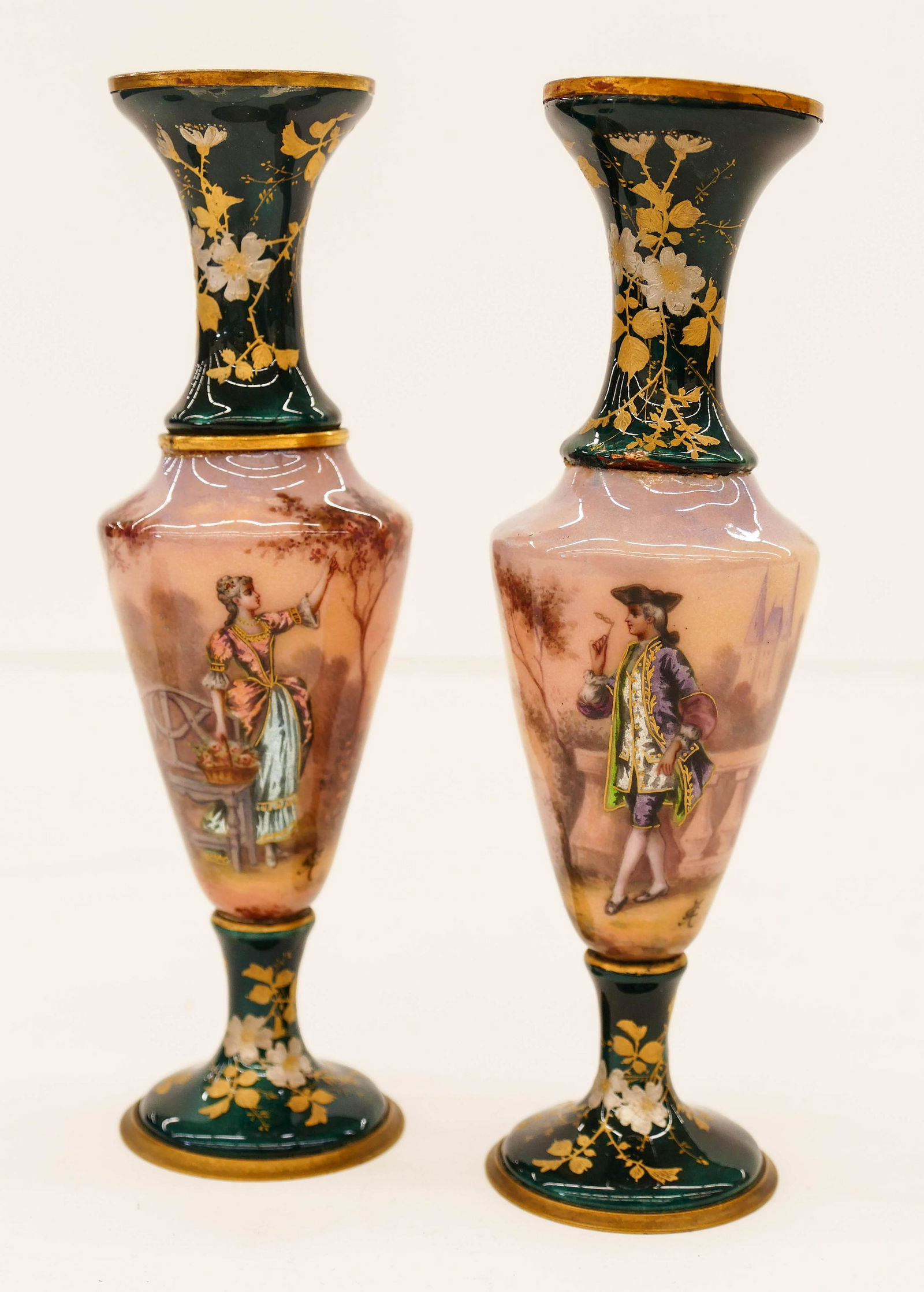 Pair Antique French Enamel Courting Scene Curio Vases (1 of 3)