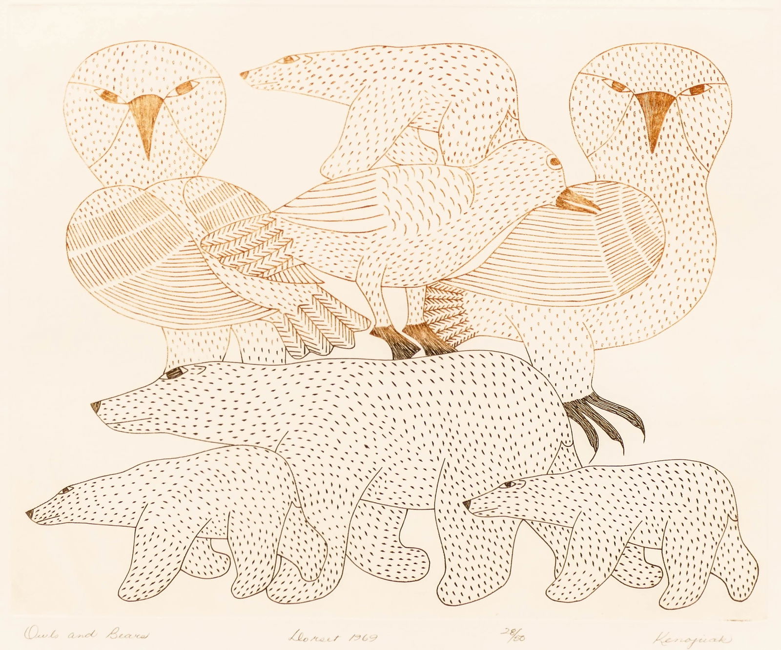 Kenojuak Ashevak (1927-2013 Inuit) ''Owls and Bears'' (1 of 2)