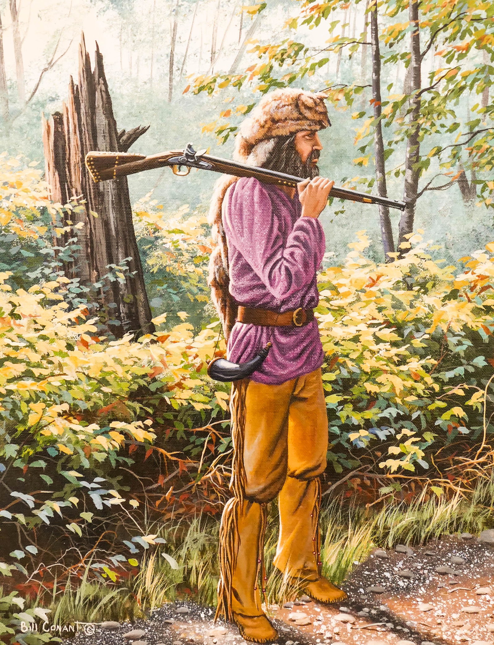 Bill Conant (20/21st Cent. Washington) Trapper Acrylic: Bill Conant (20/21st Cent. Washington) Trapper Acrylic on Canvas 18''x14'' Image. A western scene of a standing trapper with rifle on shoulder. Signed l.l. Framed 21.5''x17.25''. Excellent condition.