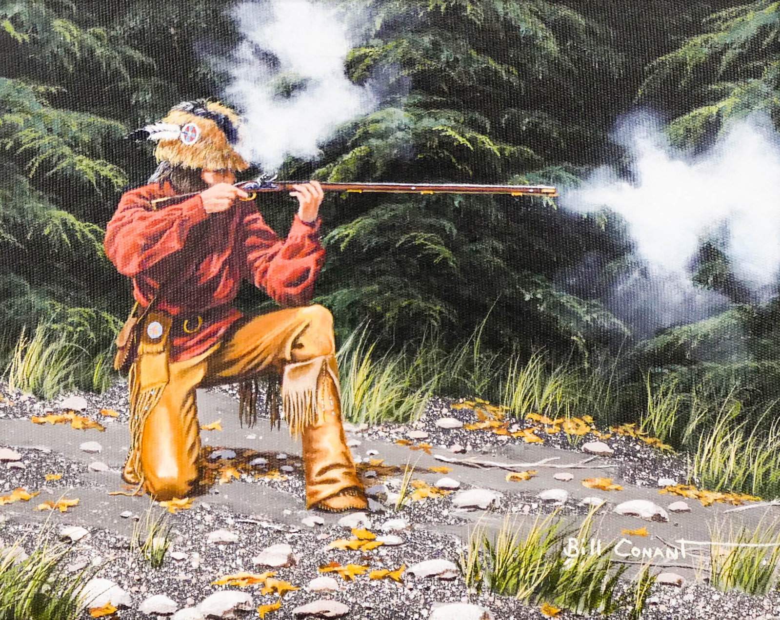 Bill Conant (20/21st Cent. Washington) ''The Long: Bill Conant (20/21st Cent. Washington) ''The Long Rifle'' Acrylic on Canvas 8''x10'' Image. A western scene with trapper shooting a rifle. Signed l.r. Framed 14.5''x16.5''. Excellent condition.