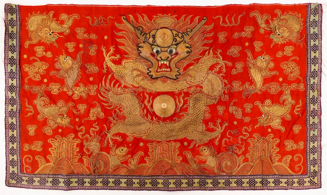 Chinese Dragon and Dragonfish Silk Altar Panel (1 of 2)