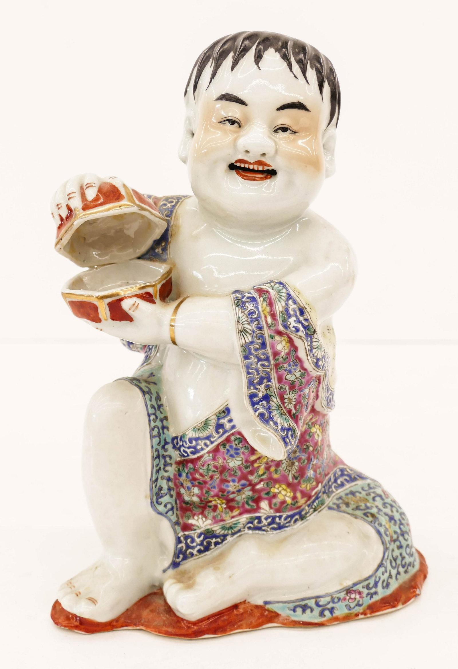 Chinese Republic Boy with Box Seated Porcelain Figure (1 of 3)