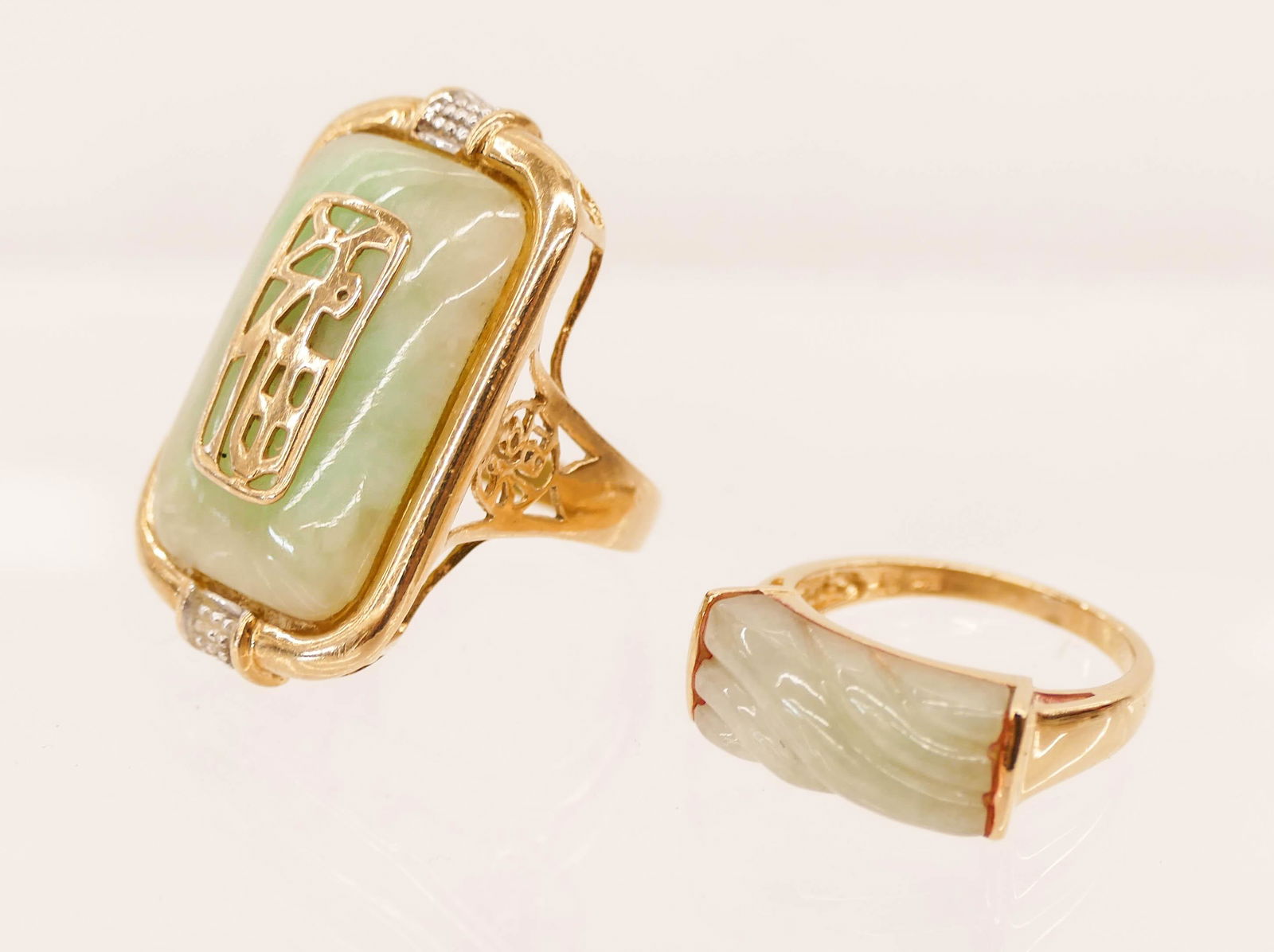 2pc Chinese 14k Jade Rings. Includes a carved tablet (1 of 2)