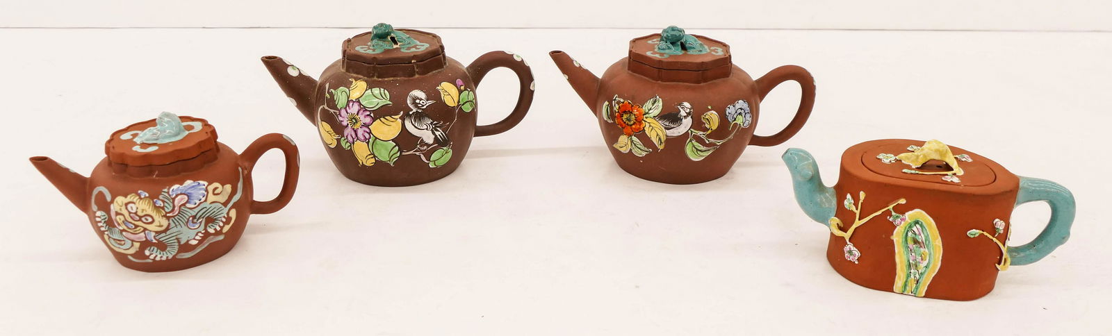 4pc Chinese Republic Enameled Yixing Teapots 3.5''x7'' (1 of 2)