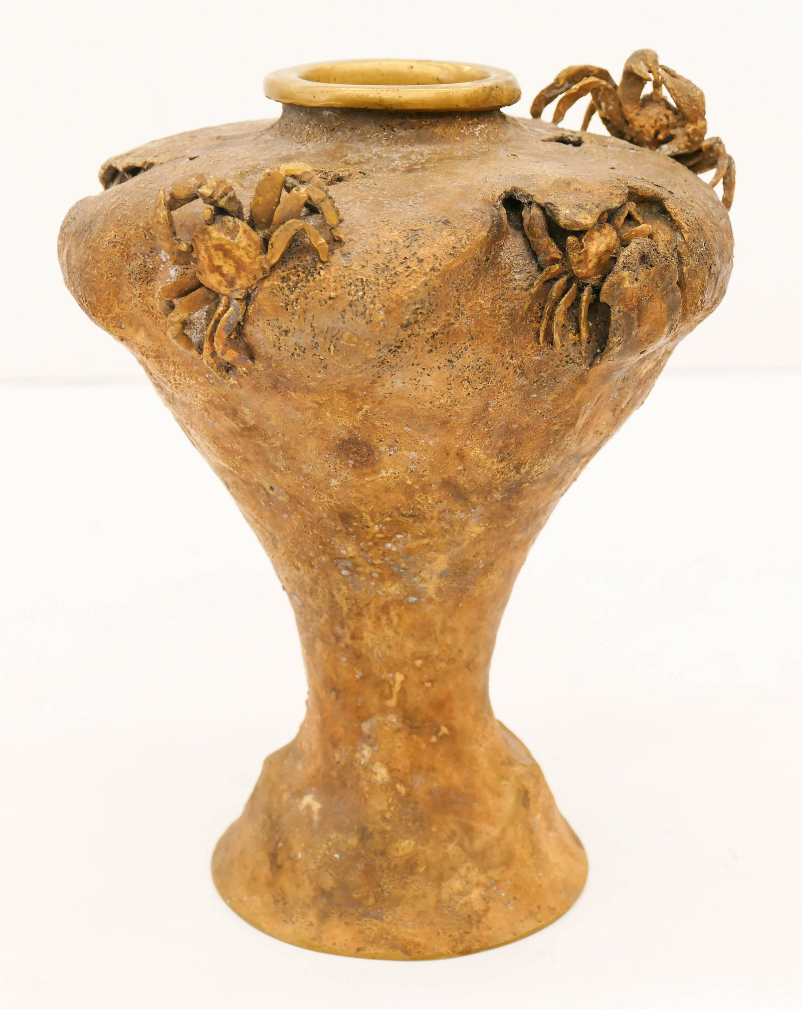 Japanese Meiji Gilt Bronze Crab Vase 9.5''x7.5''.: Japanese Meiji Gilt Bronze Crab Vase 9.5''x7.5''. Unusual naturalistic rock form with three figural crabs incorporated into body. Unmarked. Late 19th century, Meiji period.