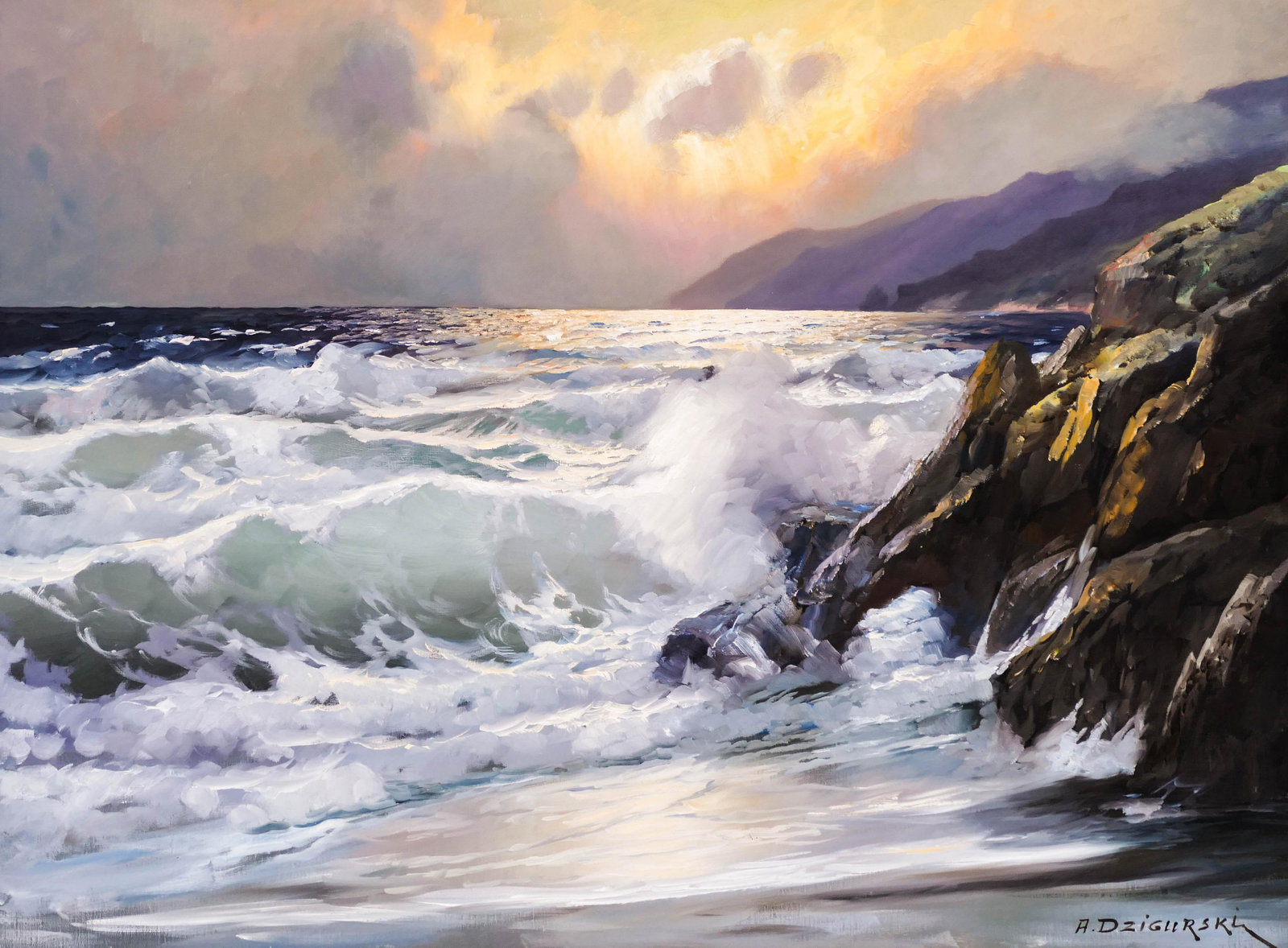Alexander Dzigurski (1911-1995 California) ''Coast of: Alexander Dzigurski (1911-1995 California) ''Coast of St. Lucia'' 1970 Oil on Canvas 30''x40'' Image. Impressive sunset coastal scene with crashing waves. Signed l.r. Framed 38''x48''. Excellent condi