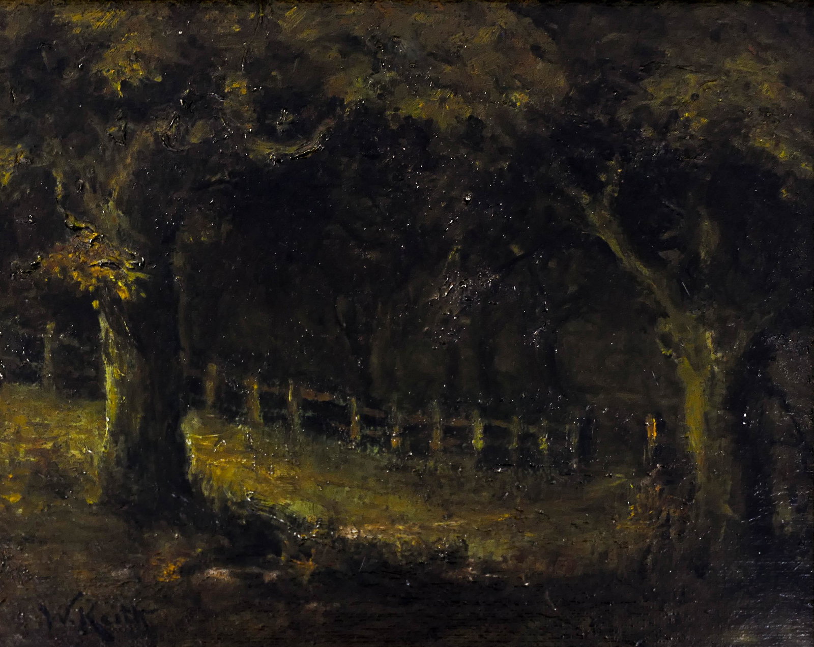 William Keith (1838-1911 California) Forest Scene Oil: William Keith (1838-1911 California) Forest Scene Oil on Board 8''x10'' Image. A dark tonalist landscape with fence. Signed l.l. Gilt framing 12.5''x14.5''. Excellent condition.