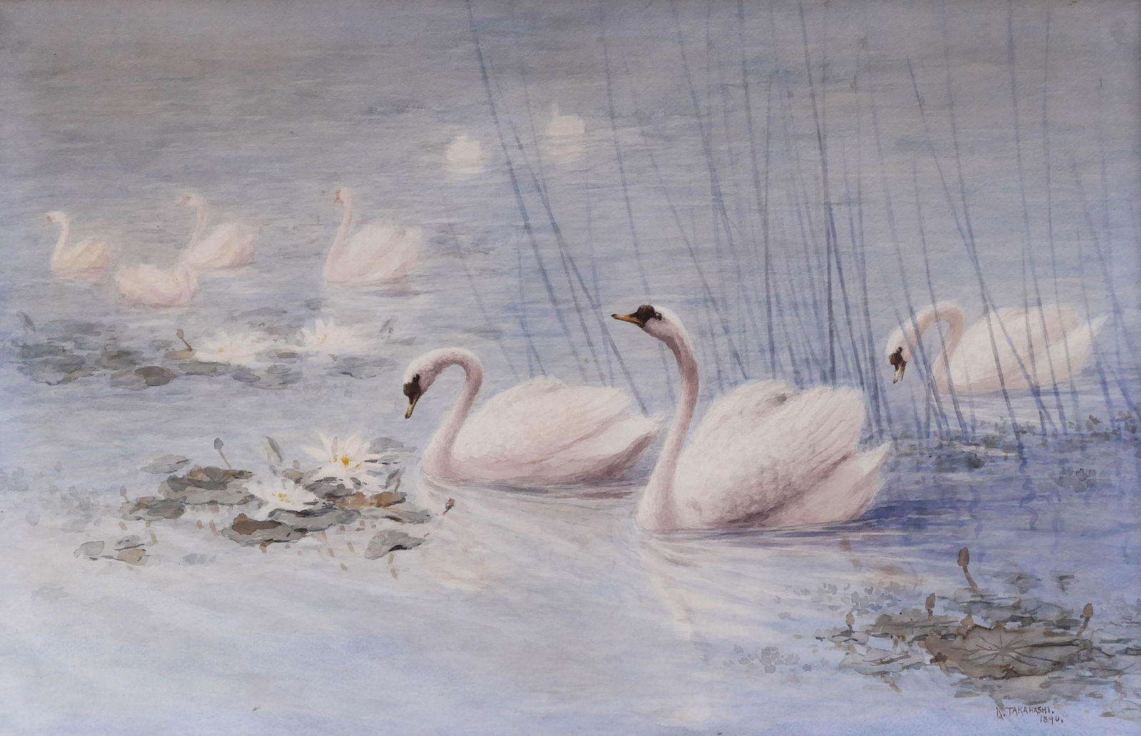 Katsuzo Takahashi (19th Cent. Japanese) Swans in Pond (1 of 2)